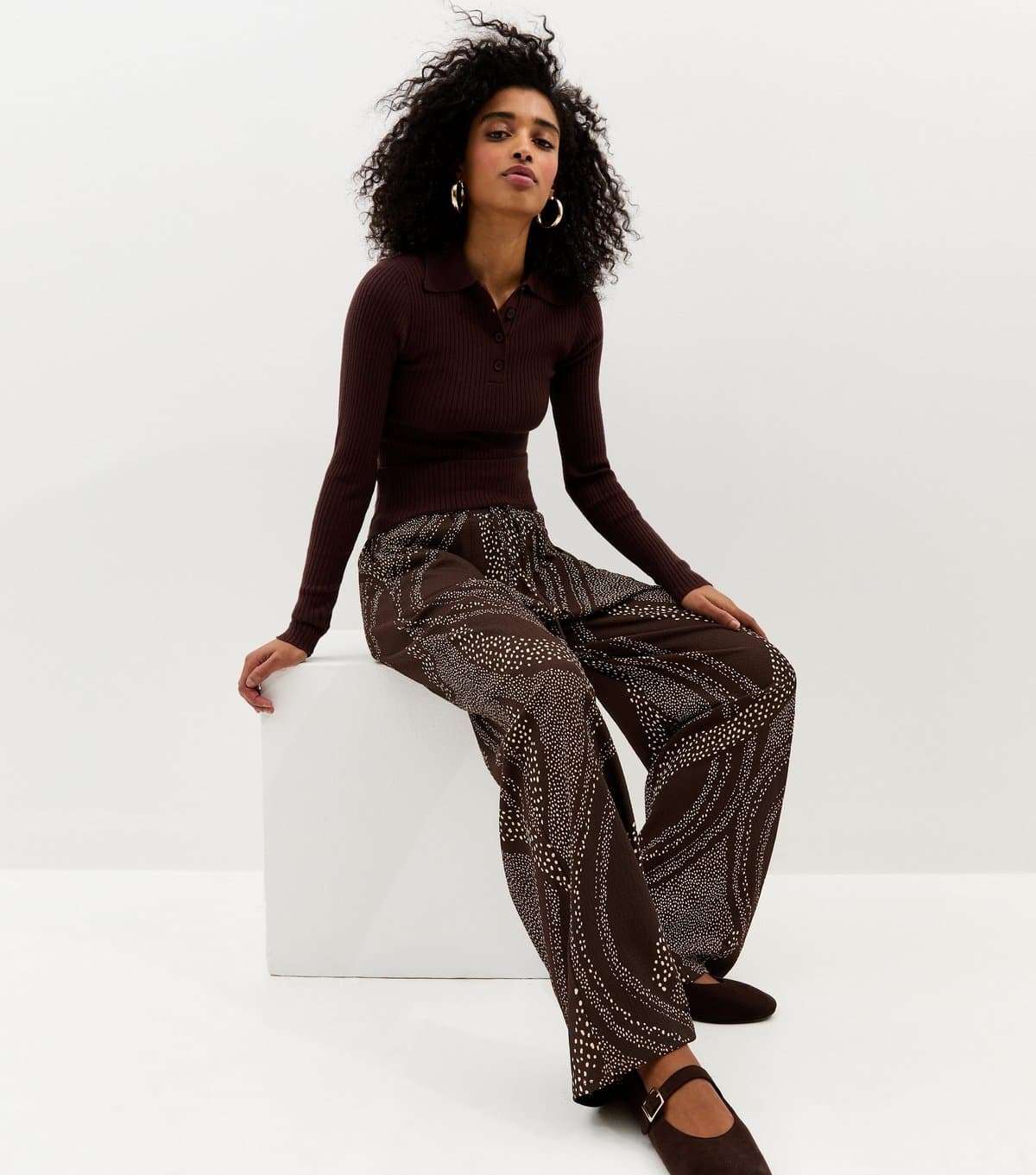 New Look Women's Dark Brown Swirly Print Wide Leg Trousers New Look