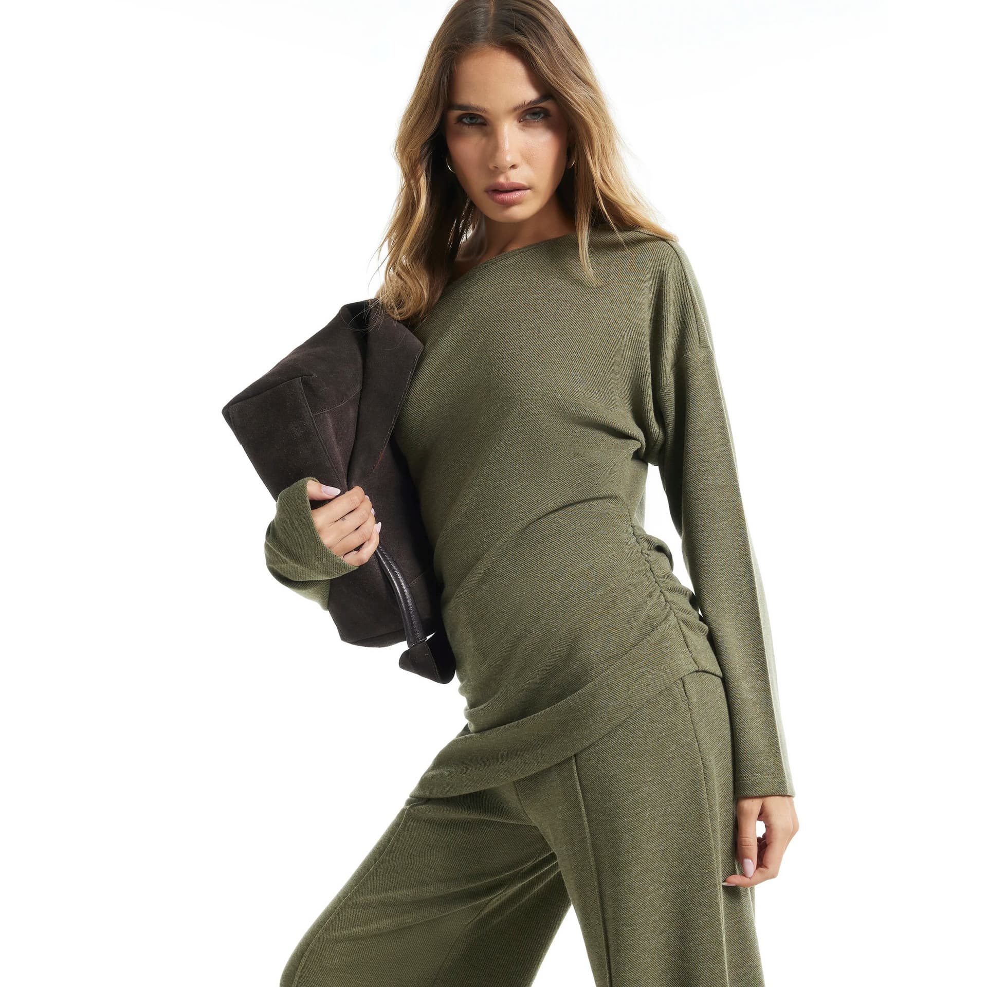 River Island River Island Womens Khaki Cosy Off The Shoulder Asymmetric Top