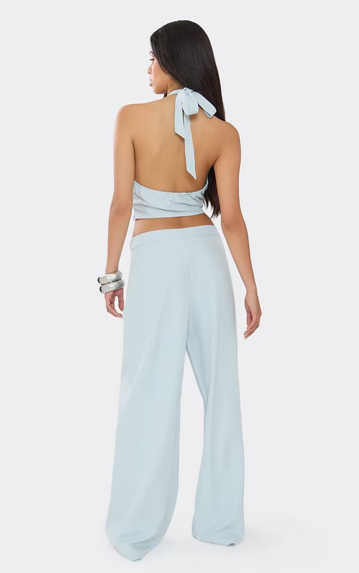 EGO Mid Rise Wide Leg Pleasted Trousers In Blue, Women's Size UK 6