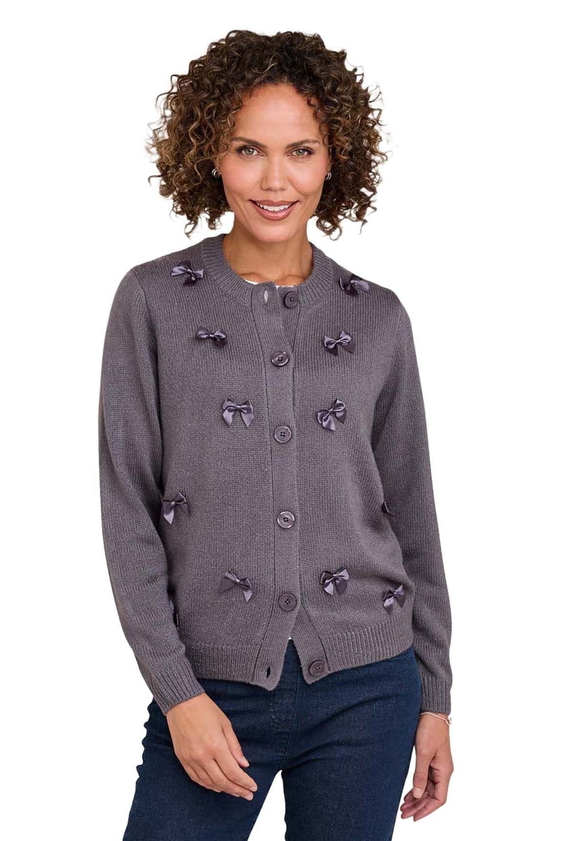 Amber Amber Women's Bow Design Cardigan with Button Front & Satin Trim in Grey