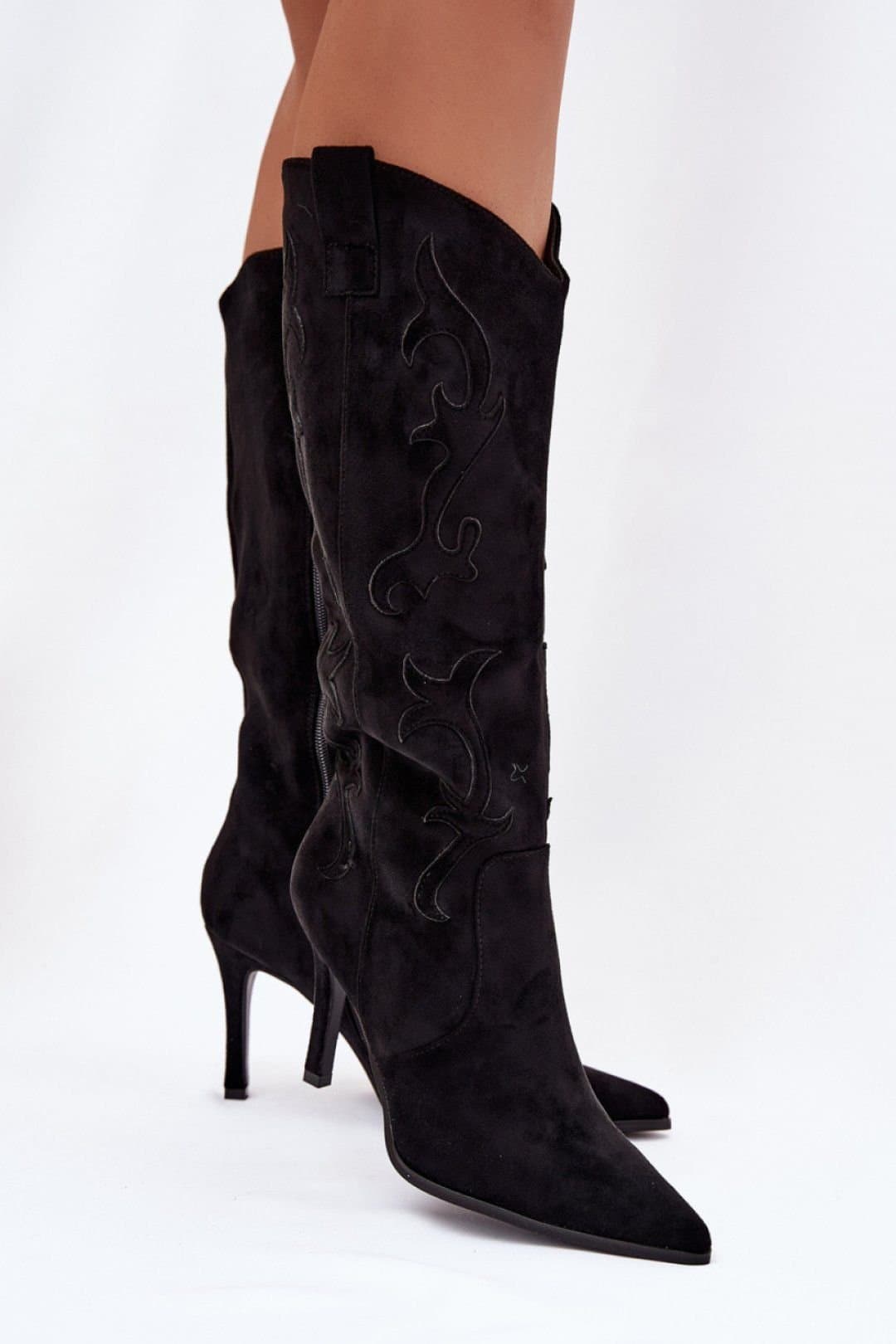 Love Lace Love Lace Black Suede Cowboy Ankle Boots with Stiletto Heel