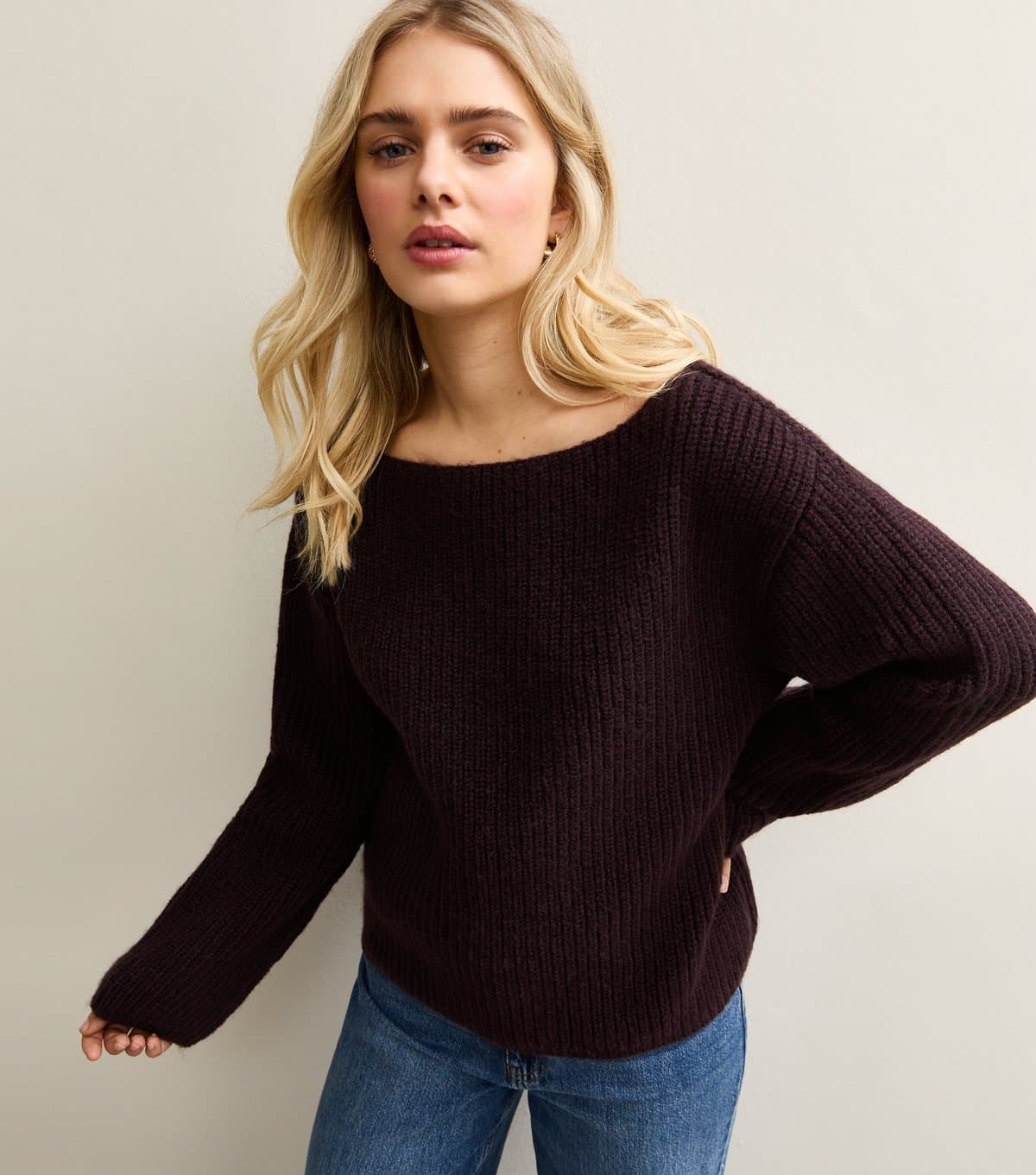 New Look Women's Dark Brown Ribbed Slash Neck Jumper New Look