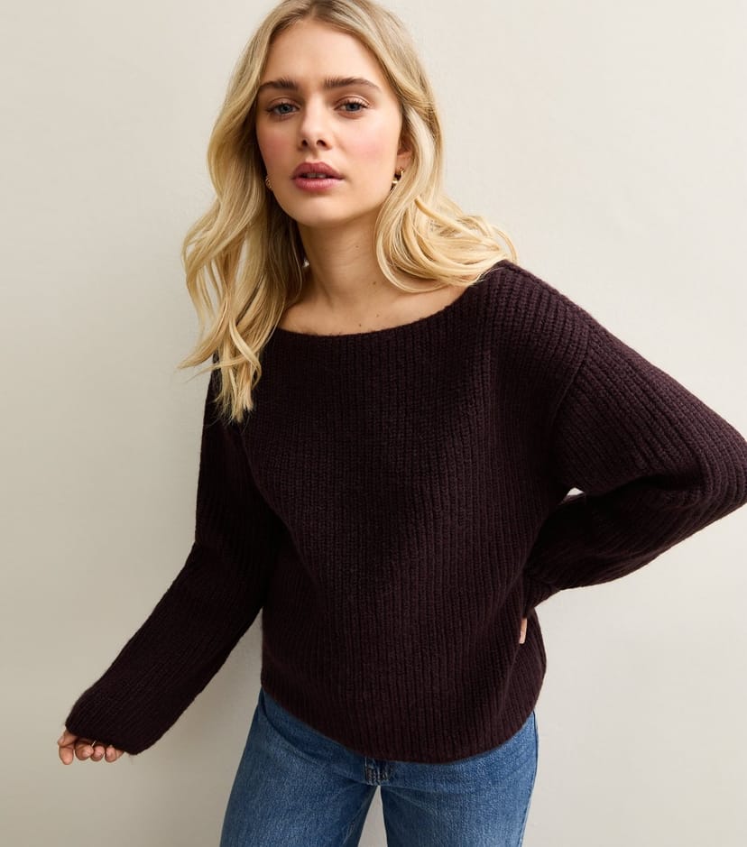 New Look Women's Dark Brown Ribbed Slash Neck Jumper New Look - 1