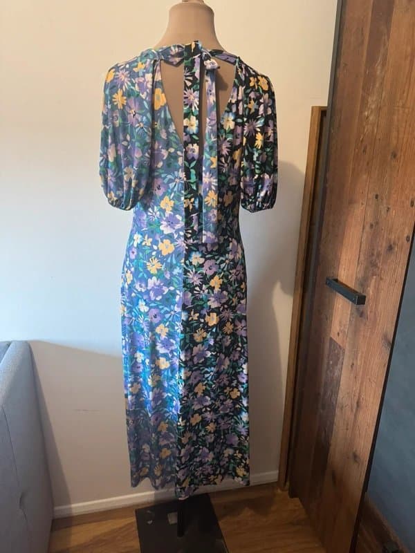 ASOS Design mixed print maxi dress purple black lavender cottage neck back tie stretch floaty size 14