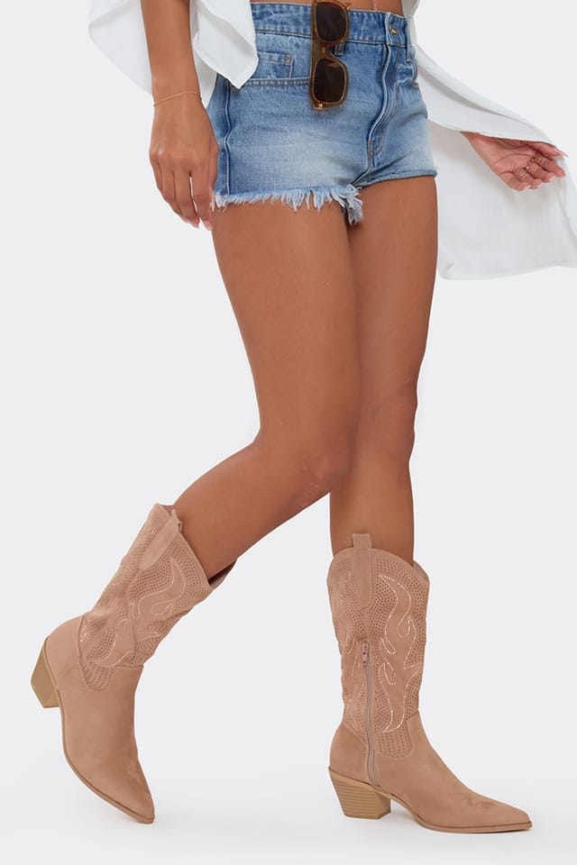 EGO EGO Women's Western Cowboy Embroidered Faux Suede Block Heel Boots in Light Beige - 2
