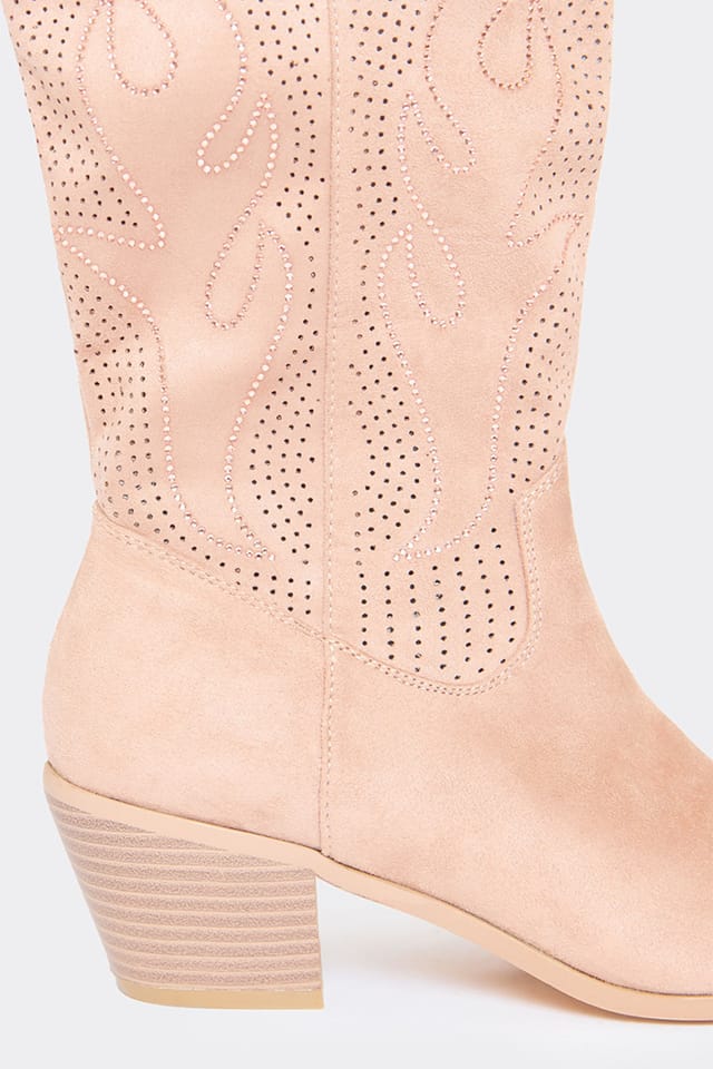 EGO EGO Women's Western Cowboy Embroidered Faux Suede Block Heel Boots in Light Beige - 3