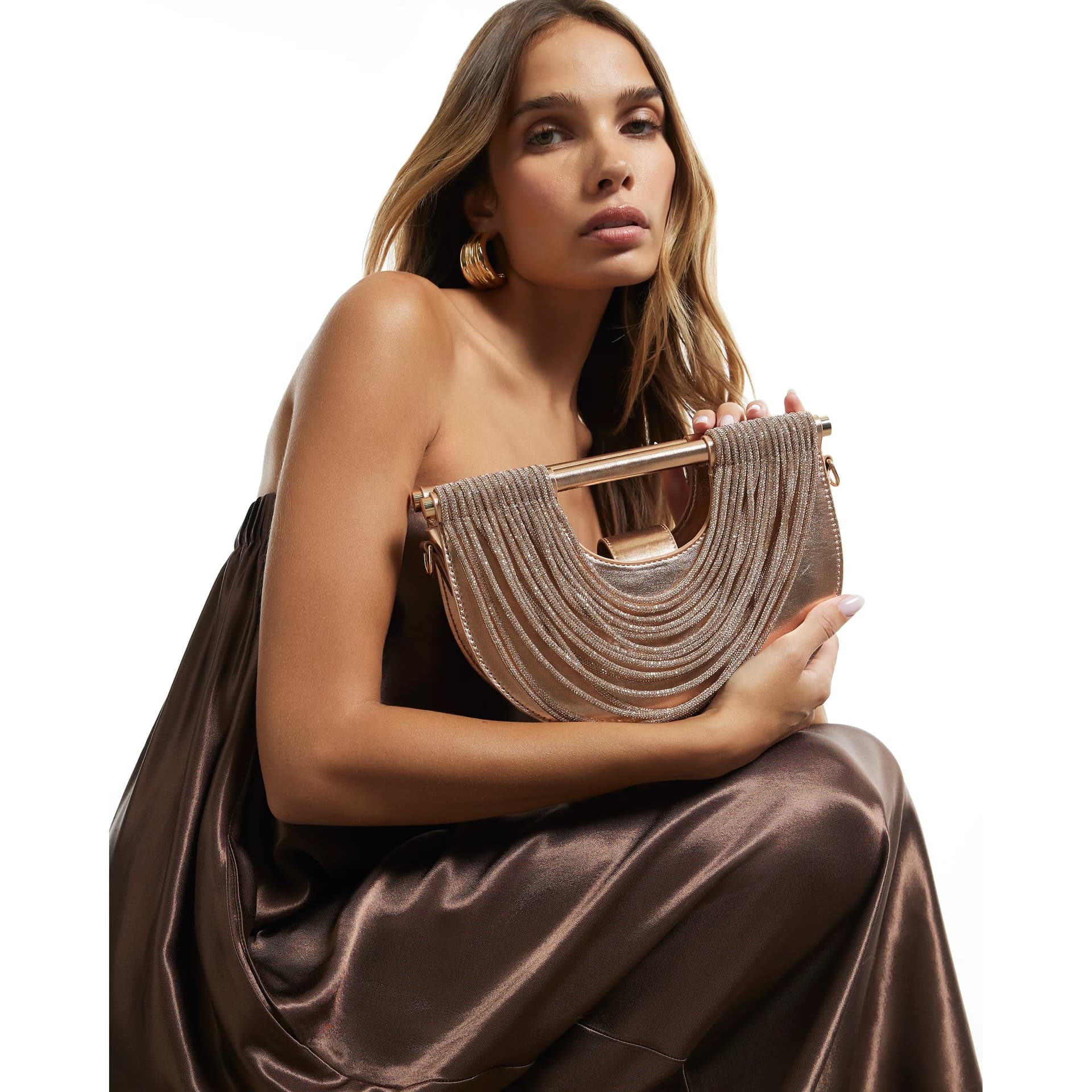 River Island River Island Womens Rose Gold Crystal Tube Clutch Bag