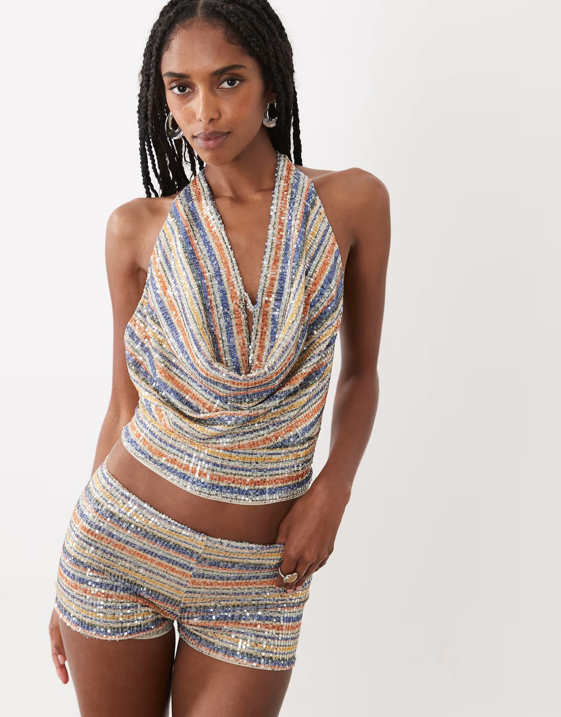 ASOS Motel yukari sequin cowl halter top co-ord in multi stripe