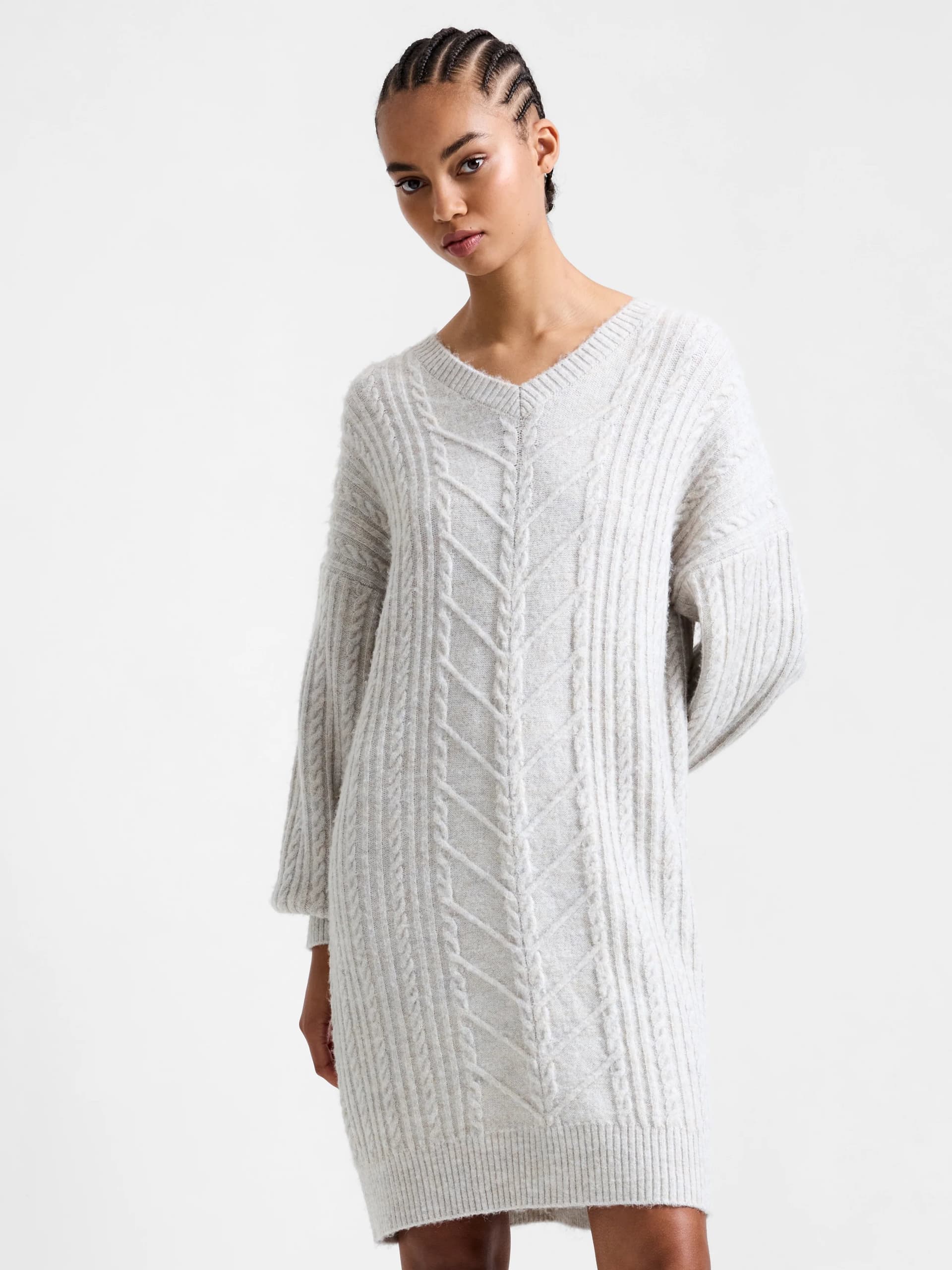 French Connection Marine Cable Knit Jumper Dress Pebble Grey Neutral
