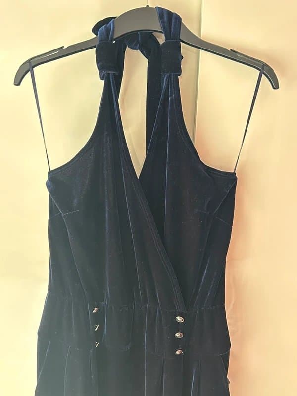 New Look Navy Blue Velvet Halter Neck 3/4 Length Jumpsuit