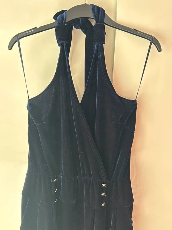 New Look Navy Blue Velvet Halter Neck 3/4 Length Jumpsuit