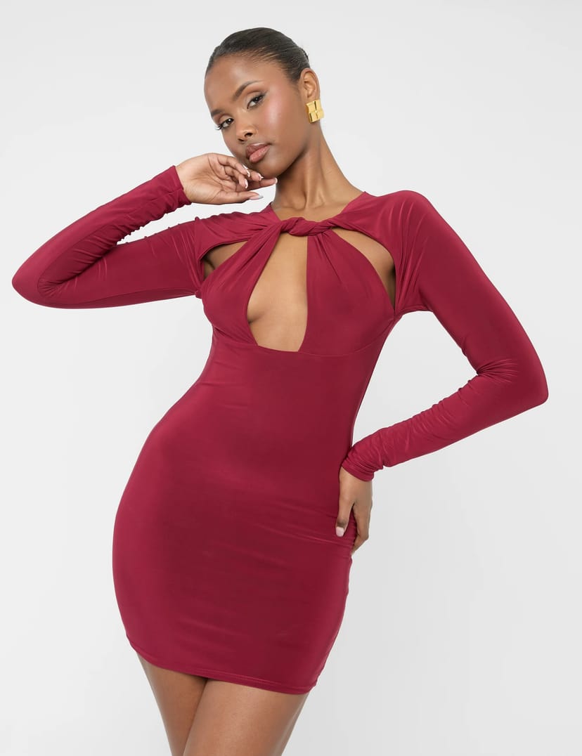 Public Desire Twist Detail Plunge Mini Dress Burgundy - 1