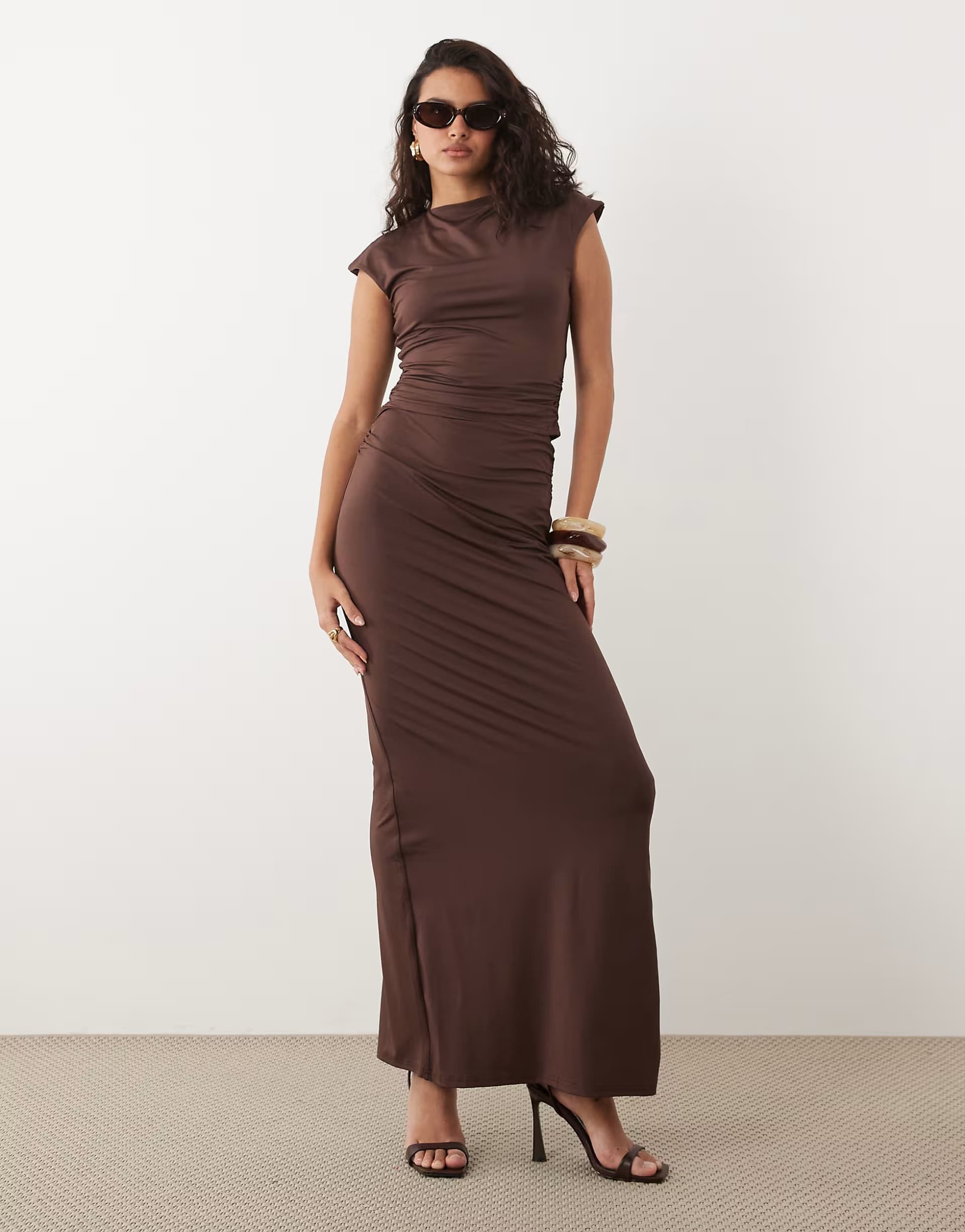 ASOS SNDYS cap sleeve ruched side sleeveless top and maxi skirt co-ord in chocolate