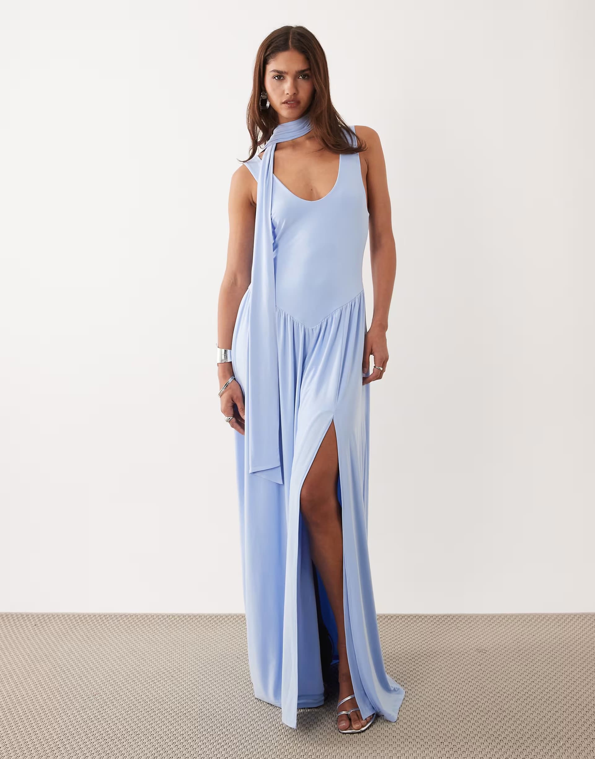 ASOS ASOS DESIGN slinky maxi dress with scarf detail in pale blue