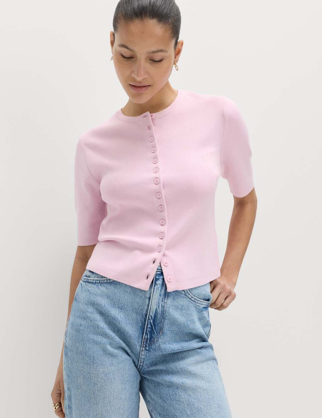 Marks & Spencer M&S Crew Neck Cropped Cardigan English Rose