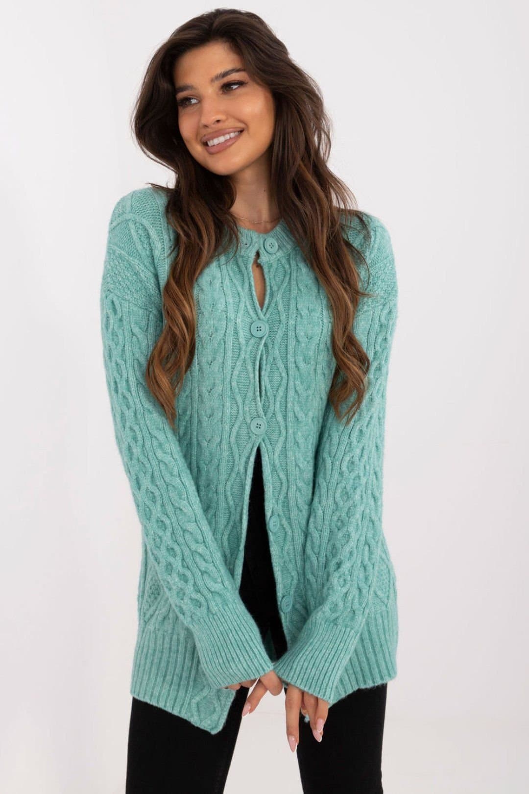 Love Lace Love Lace Women's Button Up Casual Cardigan Sweater with Texture in Green