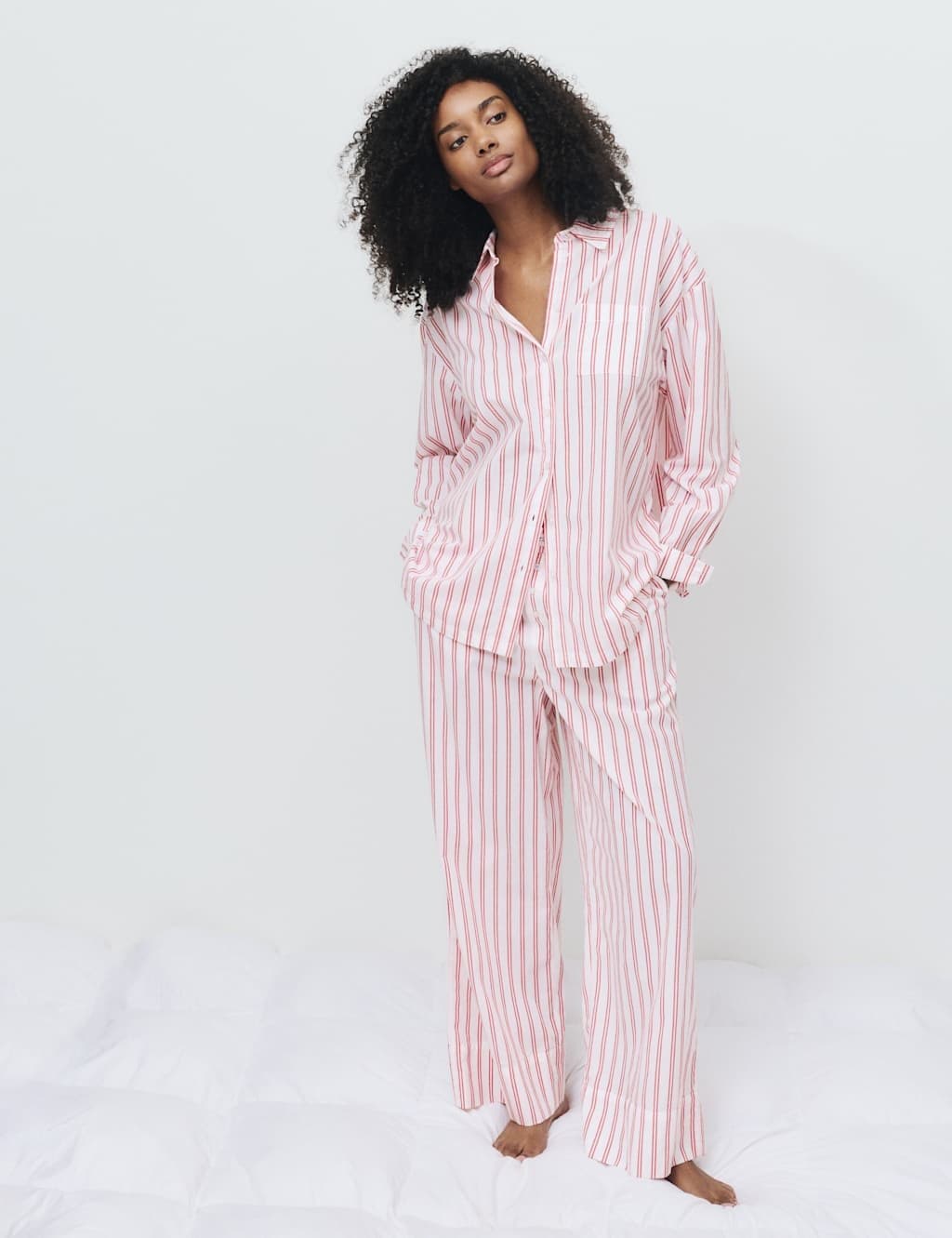 Marks & Spencer M&S Pure Cotton Striped Wide Leg Pyjama Bottoms Red Mix