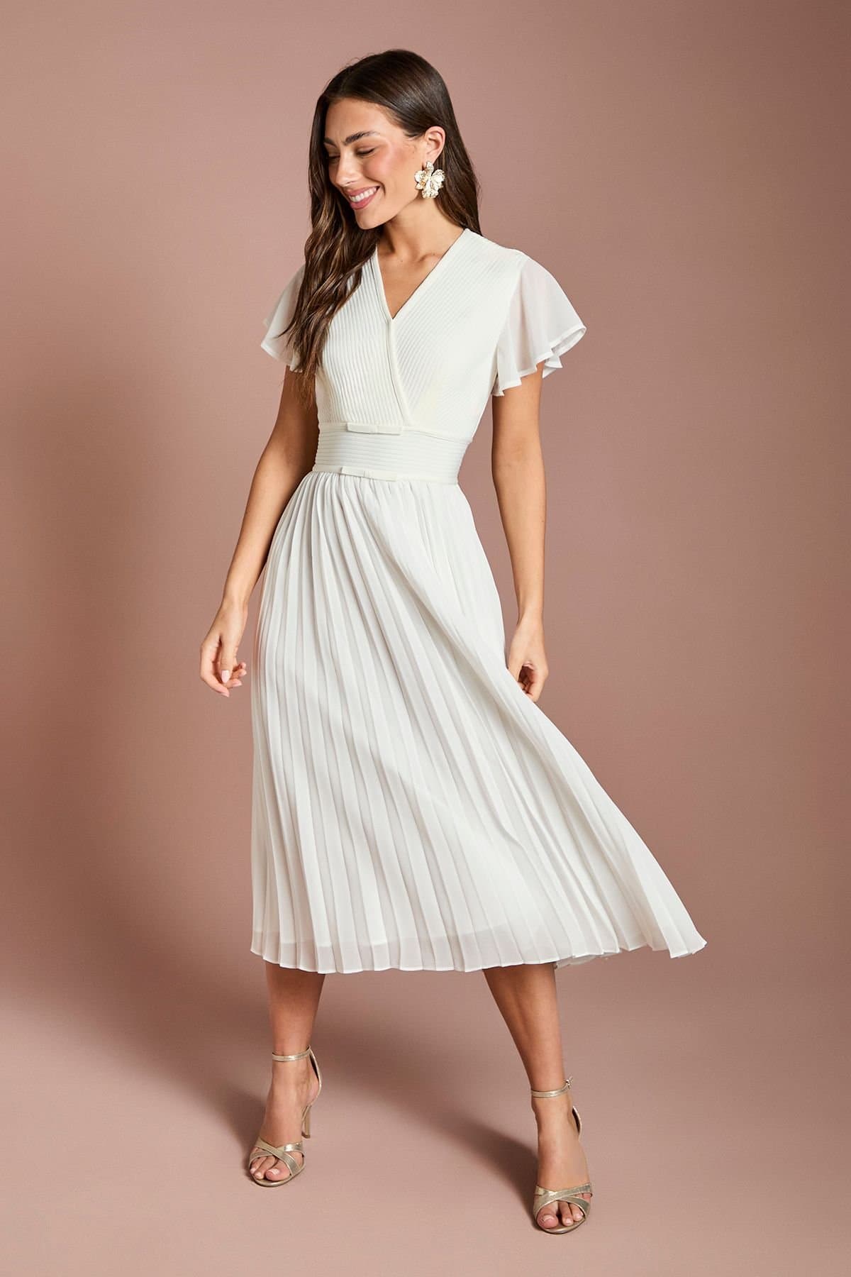 Coast Coast Women's Bow Detail Pleated Georgette Bandage Midi Dress in Ivory