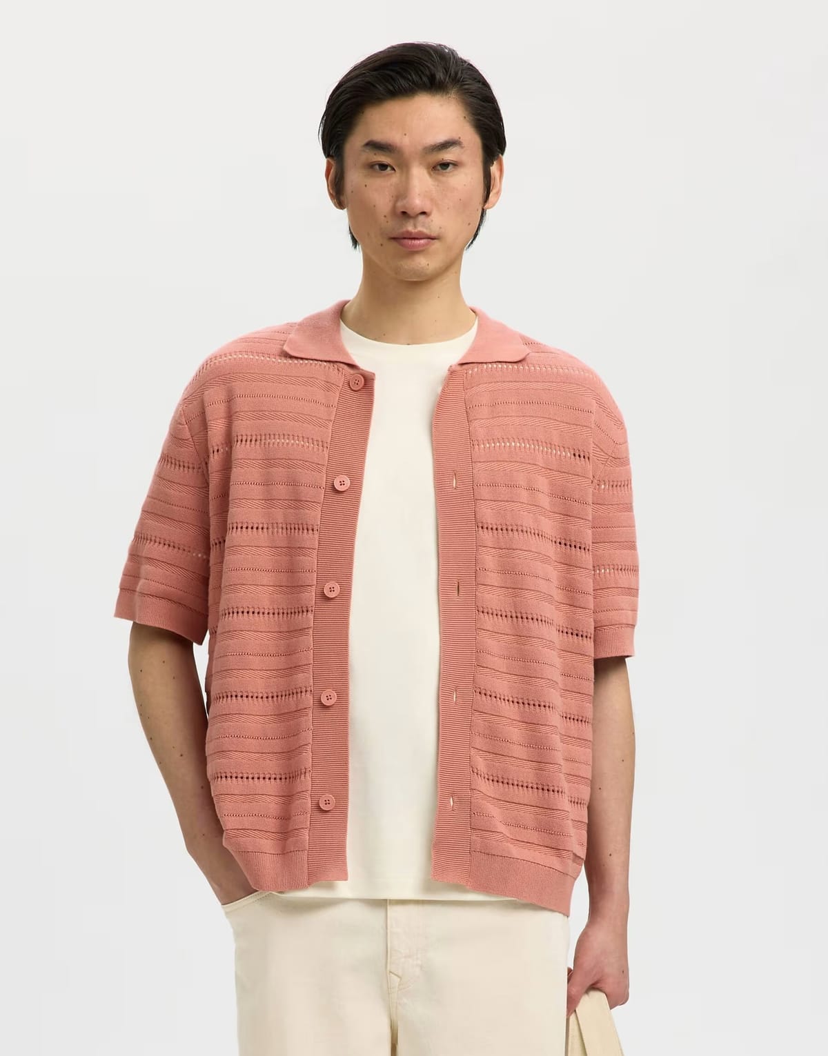 ASOS Selected Knitted polo shirt in rose dawn - 1