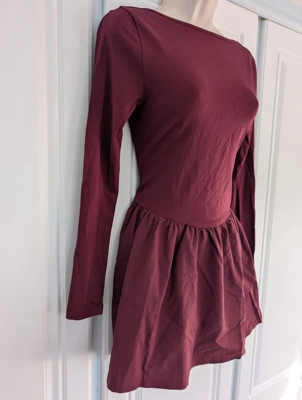 ASOS ASOS Design low back long sleeve poplin mix skater dress in burgundy size 8-10