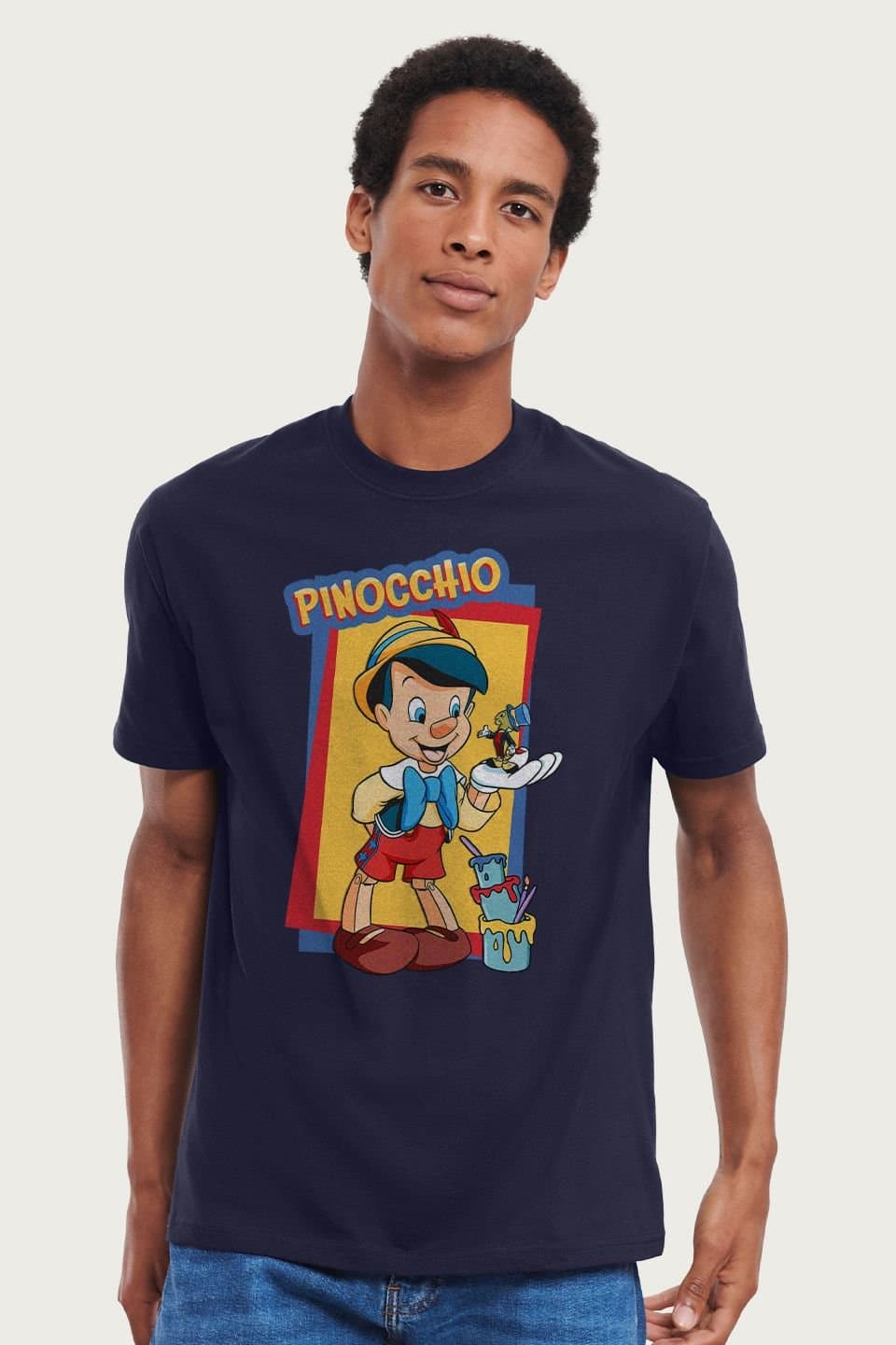 Pinocchio Pinocchio Men's DisneyJiminy Cricket In Palm Paint T-Shirt in Navy