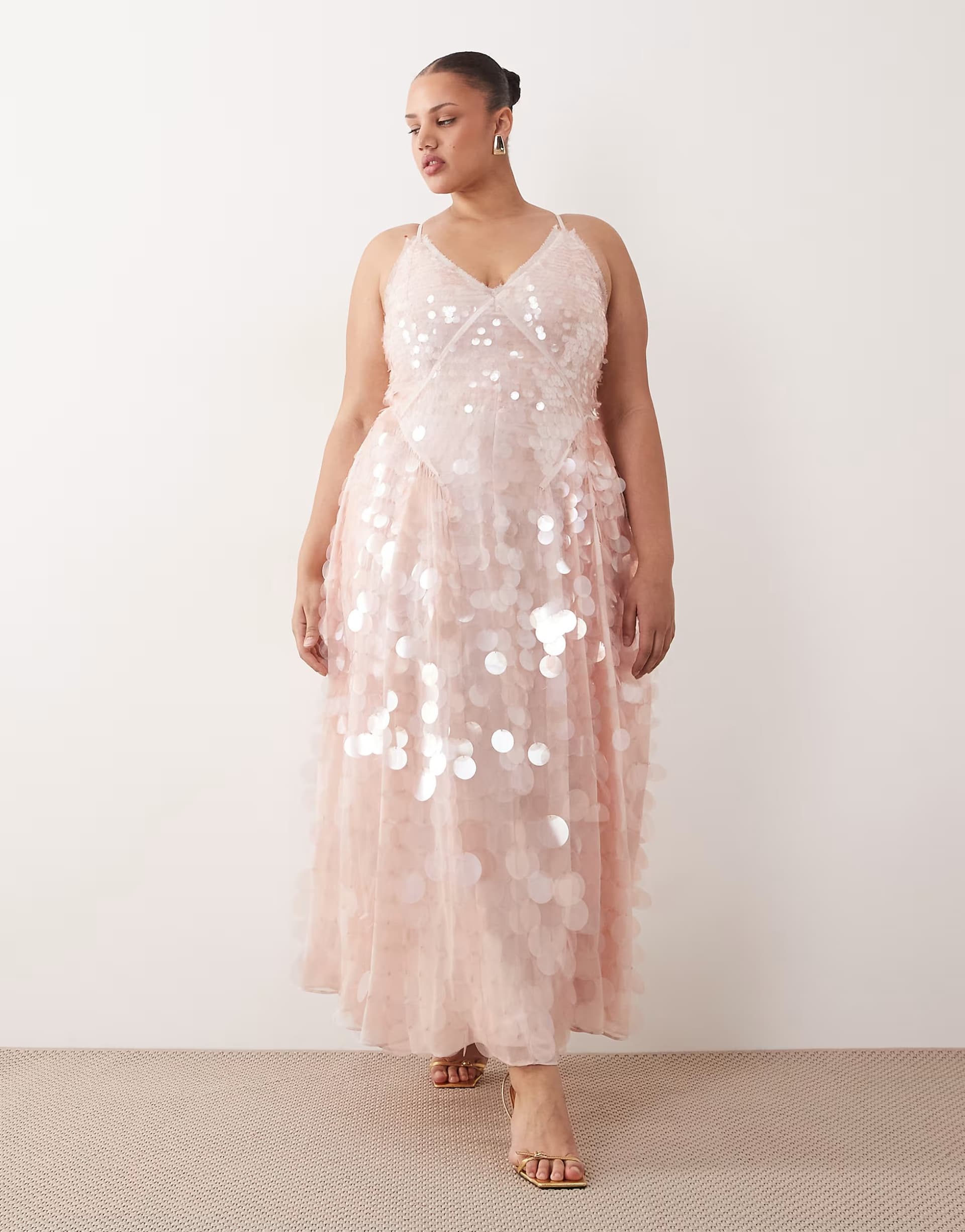 ASOS ARRANGE Curve embellished sequin cami midi dress with full skirt in soft pink