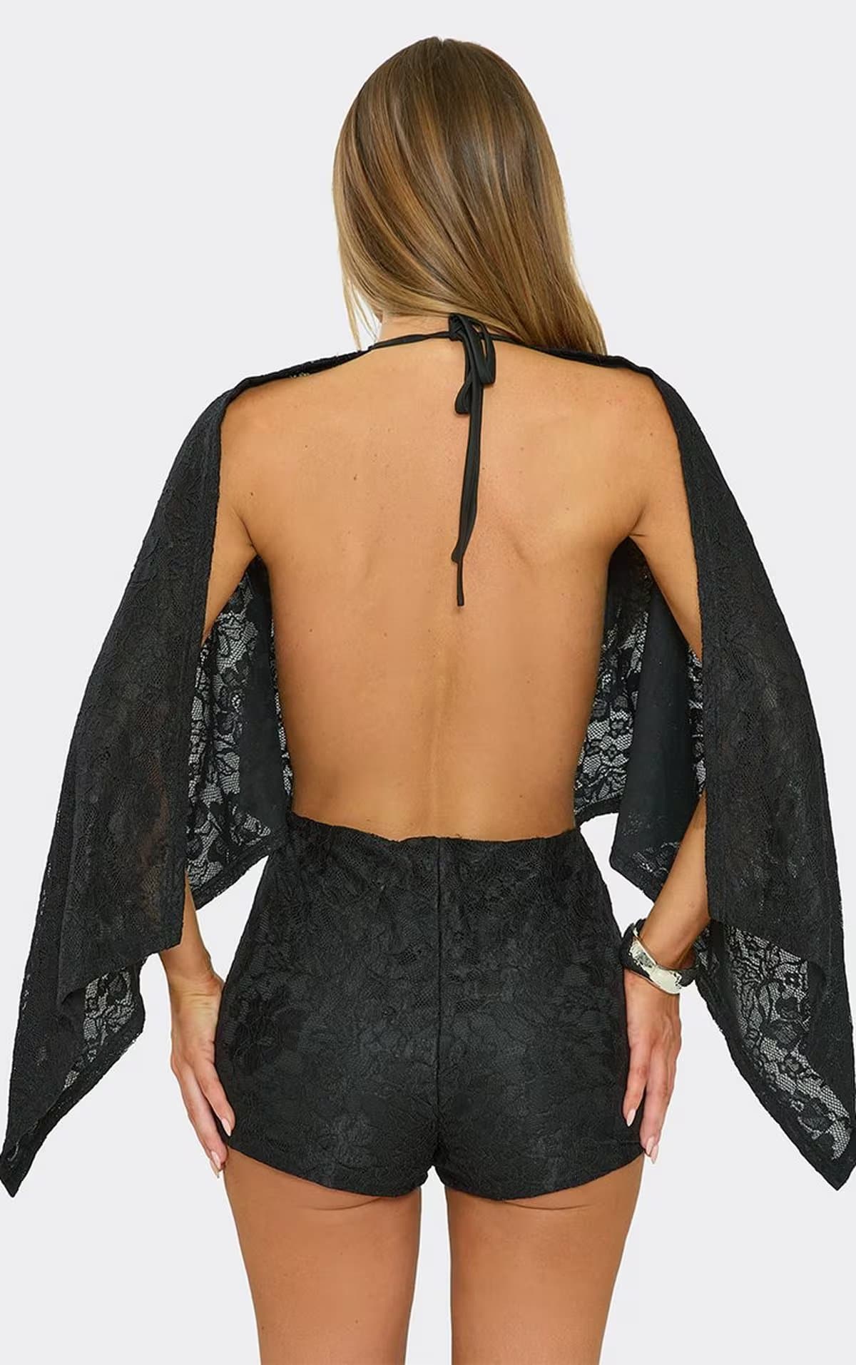 EGO Long Cape Sleeve Open Back Playsuit In Black Lace, Women's Size UK 6