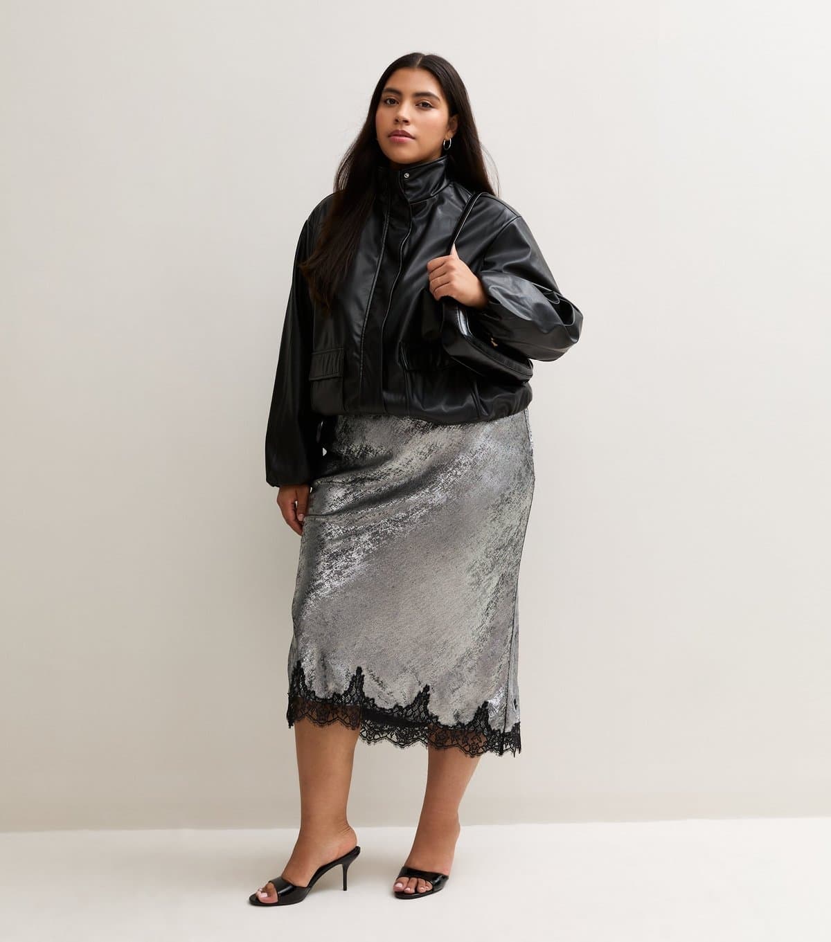 New Look Women's Plus Size Silver Foil Lace Trim Pencil Midi Skirt Curves New Look