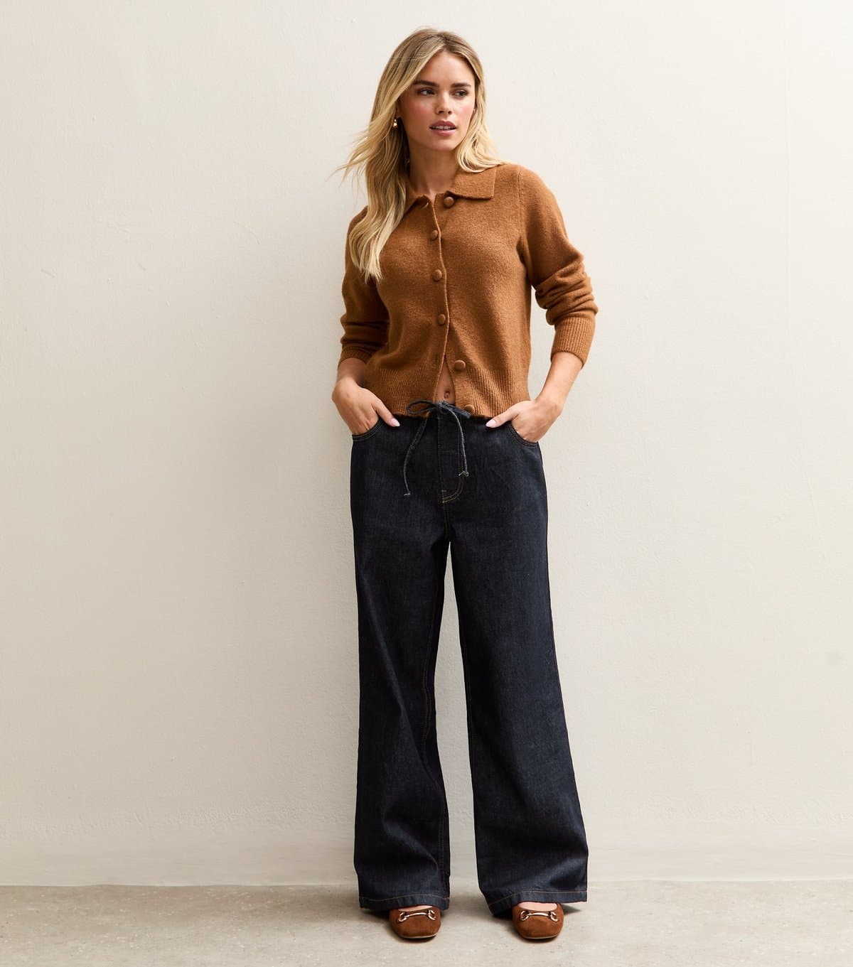 New Look Women's Petite Navy Denim Self Tie Drawcord Waist Wide Leg Jeans New Look