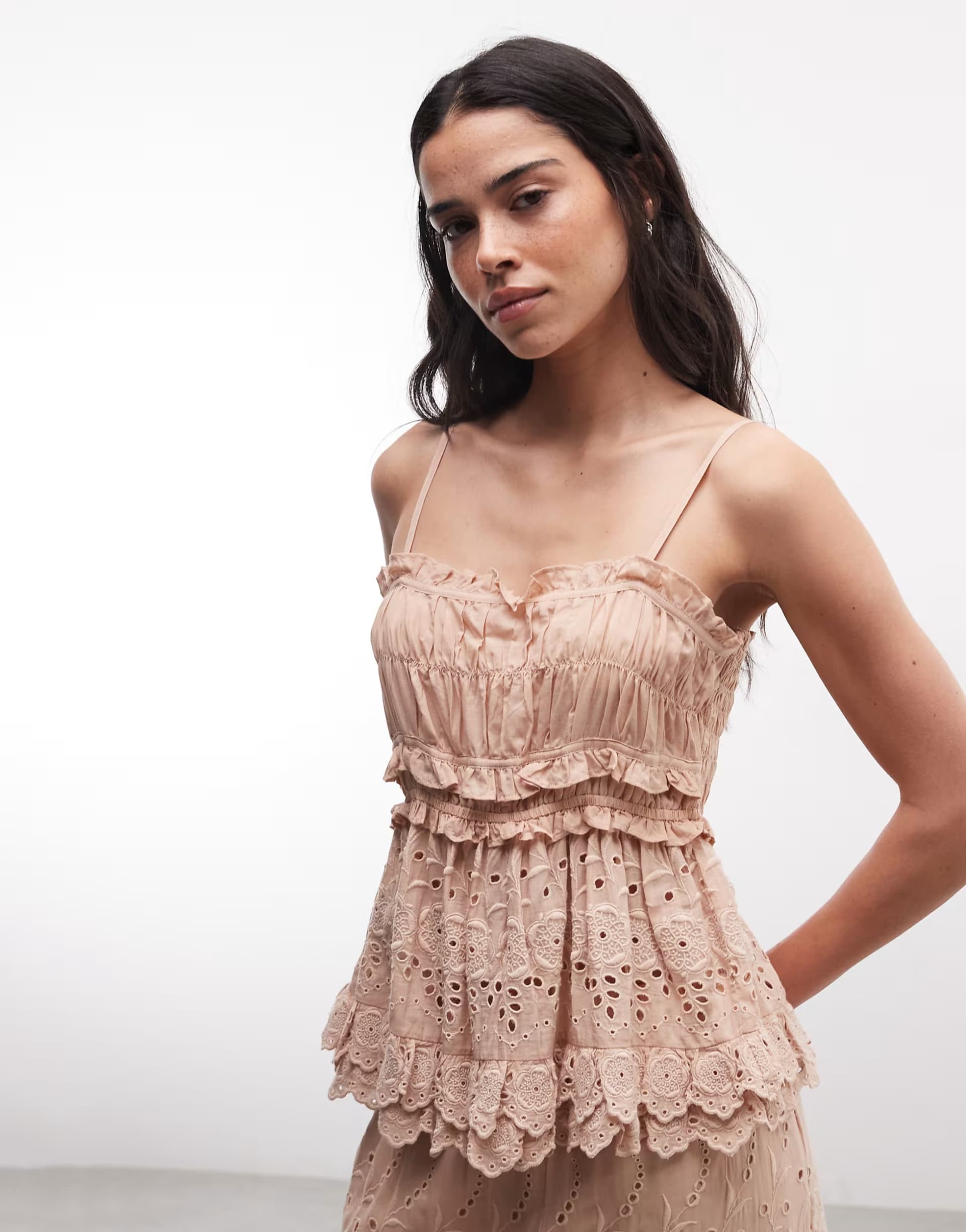 ASOS AllSaints Camille co-ord thrilly lace ruched cami top in pink