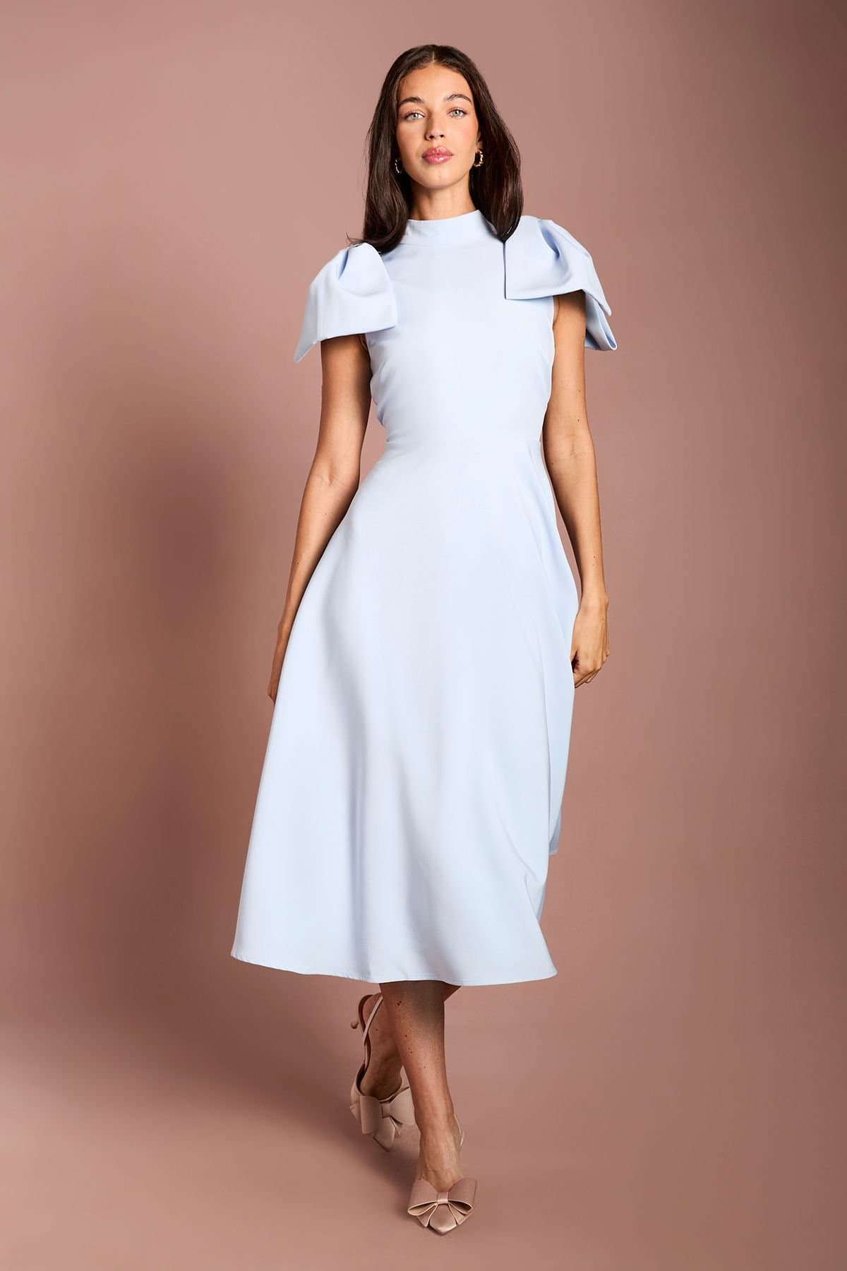 Coast Coast Women's Bow Shoulder Crepe Midi Dress in Light Blue