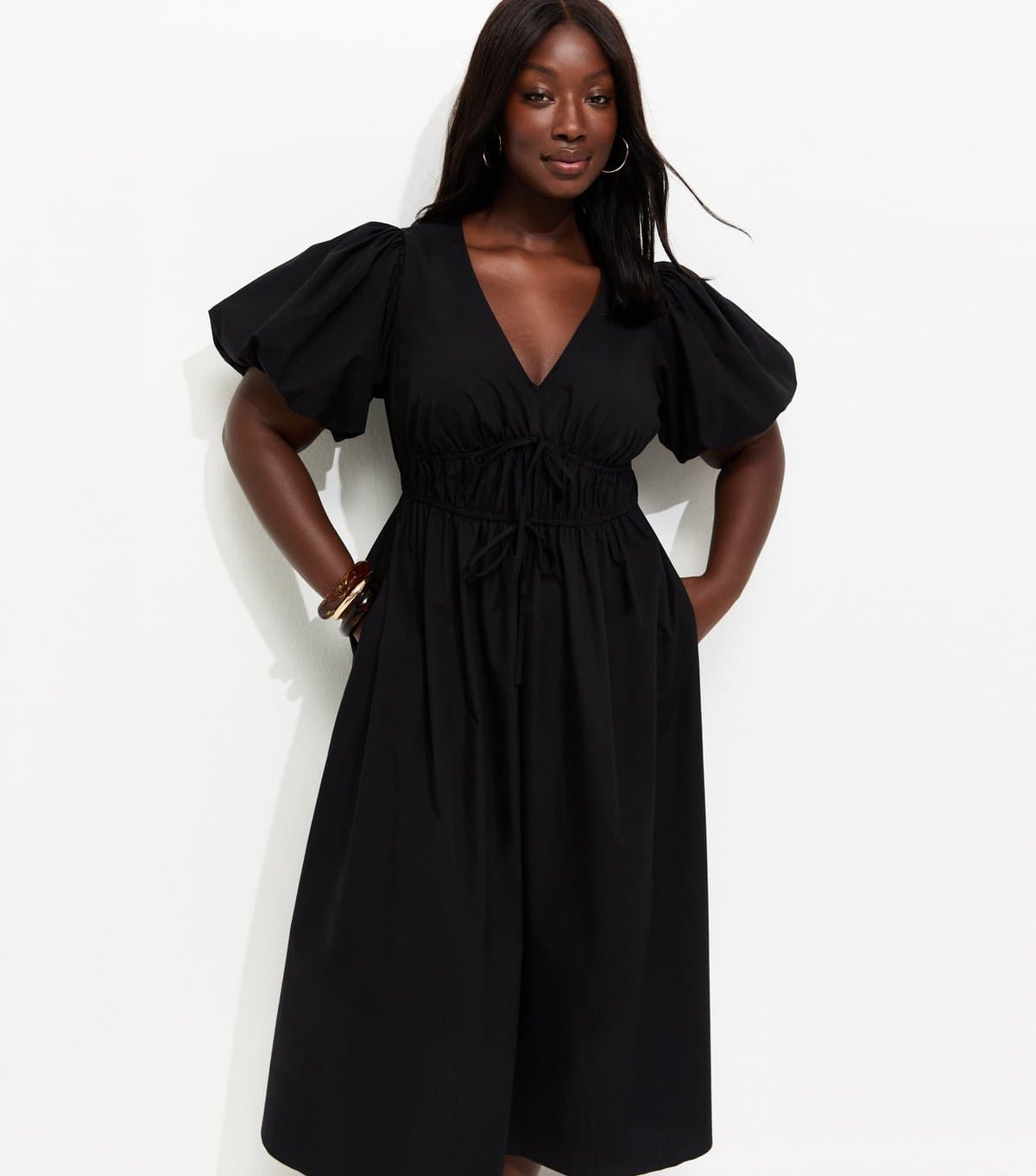 New Look Women's Plus Size Black Puff Sleeve Flared Midi Dress Curves New Look