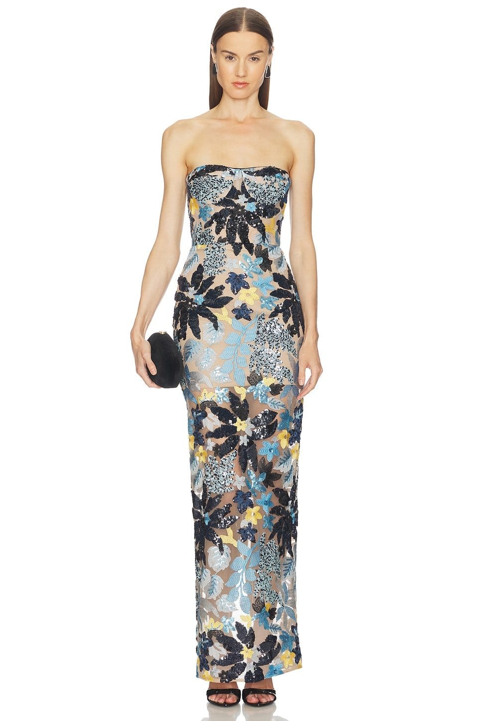 Revolve Blue Yellow Multi Floral Strapless Maxi Dress