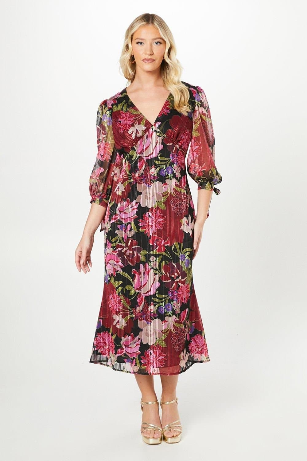 Debut London Debut London Women's By Coast V Neck Blouson Sleeve Satin Midi Dress in Black