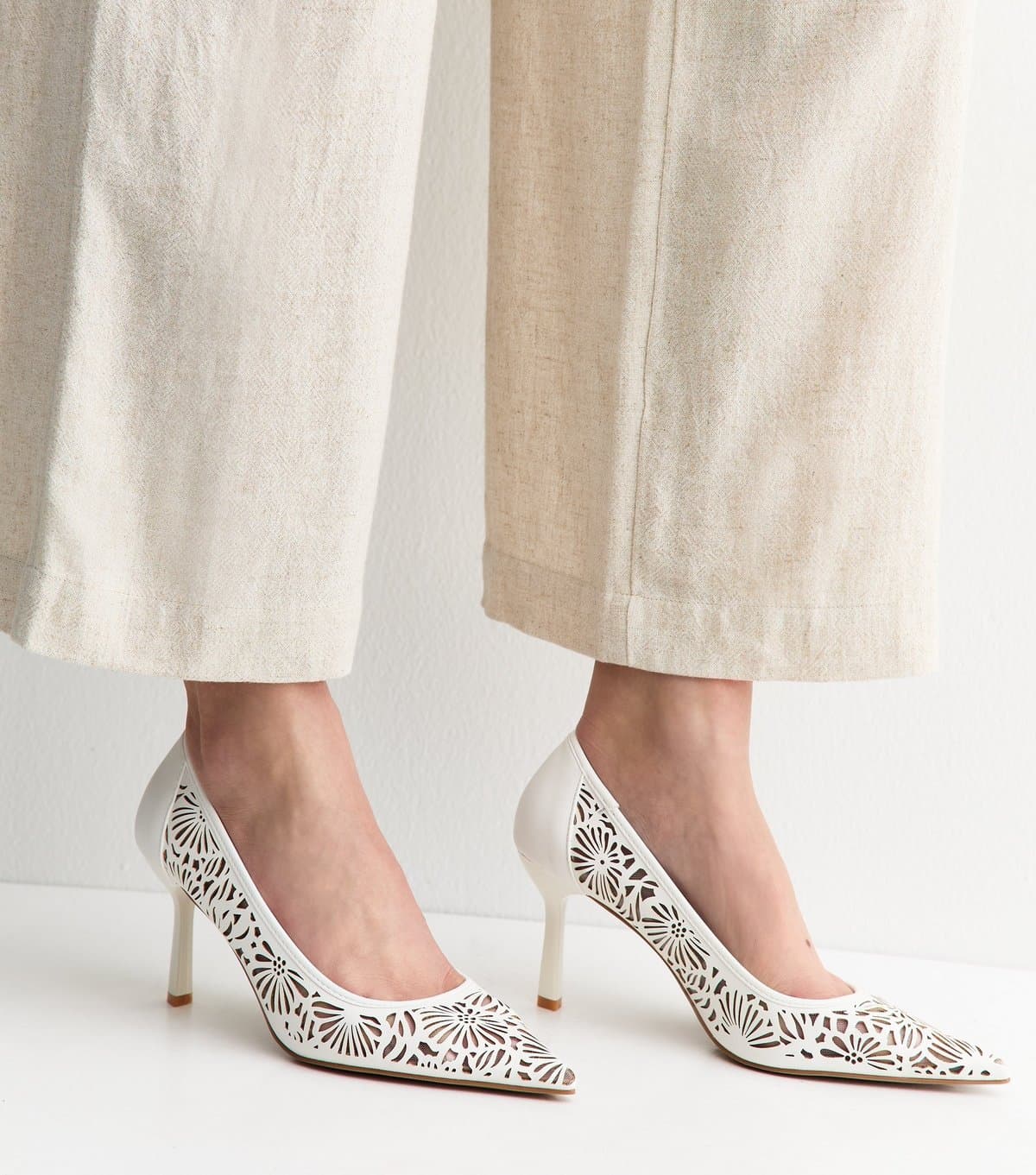 New Look Women's White Faux Leather Laser Cut Out Court Shoes Vegan New Look