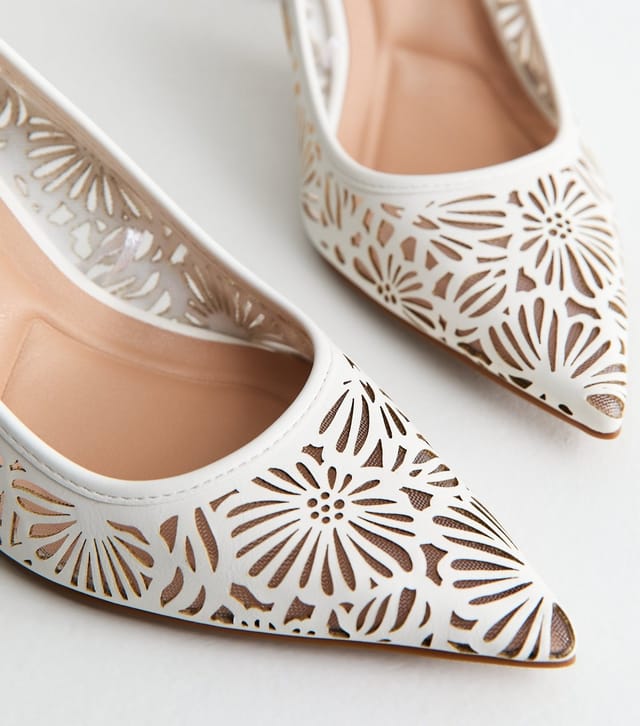 New Look Women's White Faux Leather Laser Cut Out Court Shoes Vegan New Look - 3