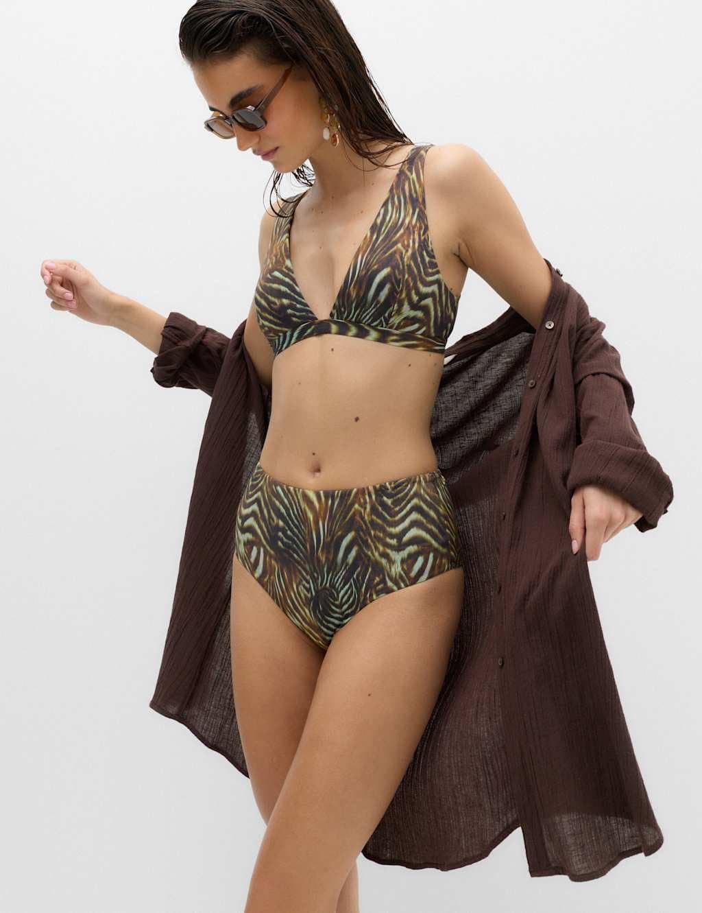 Marks & Spencer M&S Tummy Control High Waisted High Leg Bikini Bottoms Dark Green Mix