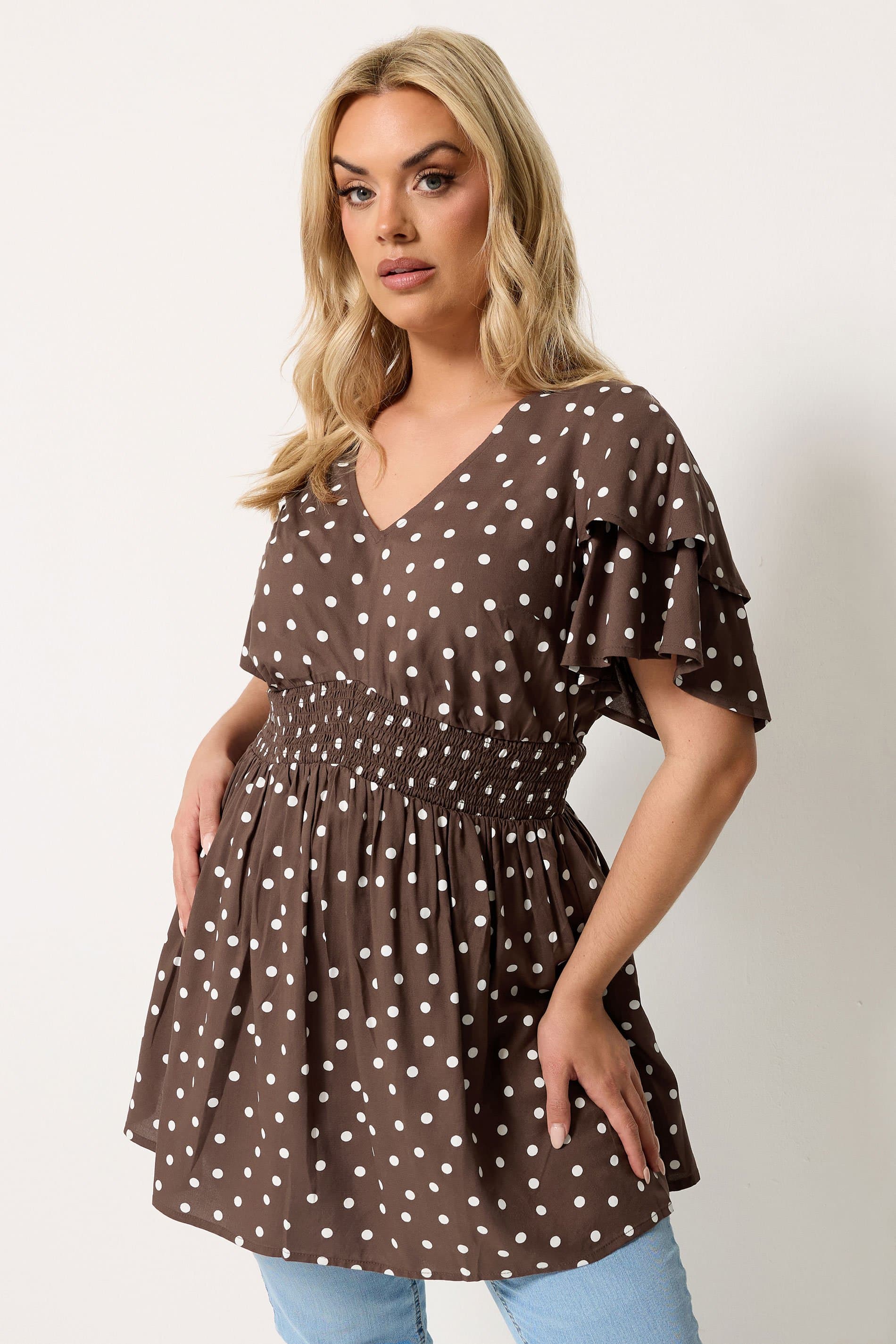 Yours Plus Size Chocolate Brown Polka Dot Flutter Sleeve Top