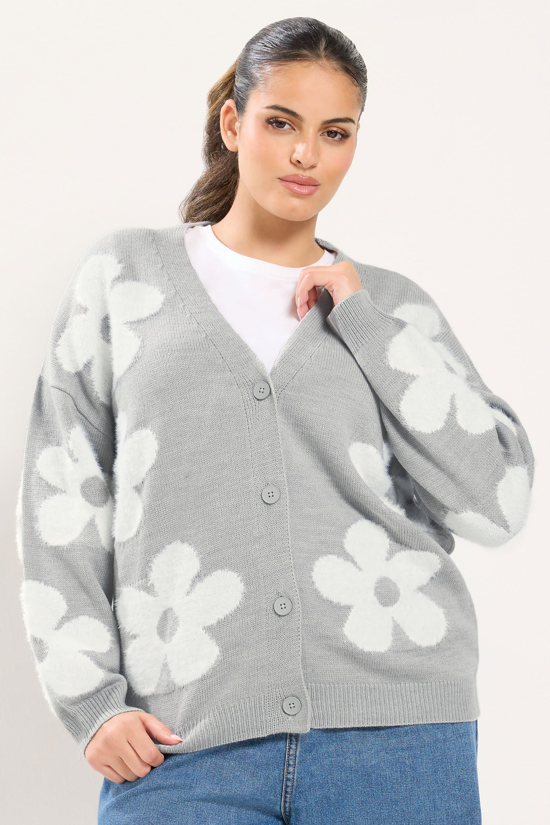 Yours Plus Size Grey Fluffy Floral Knitted Cardigan