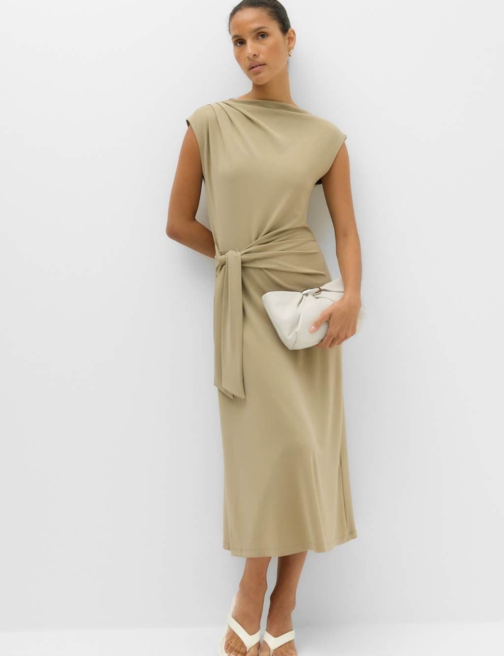 Marks & Spencer M&S Jersey Tie Waist Midi Waisted Dress Light Khaki