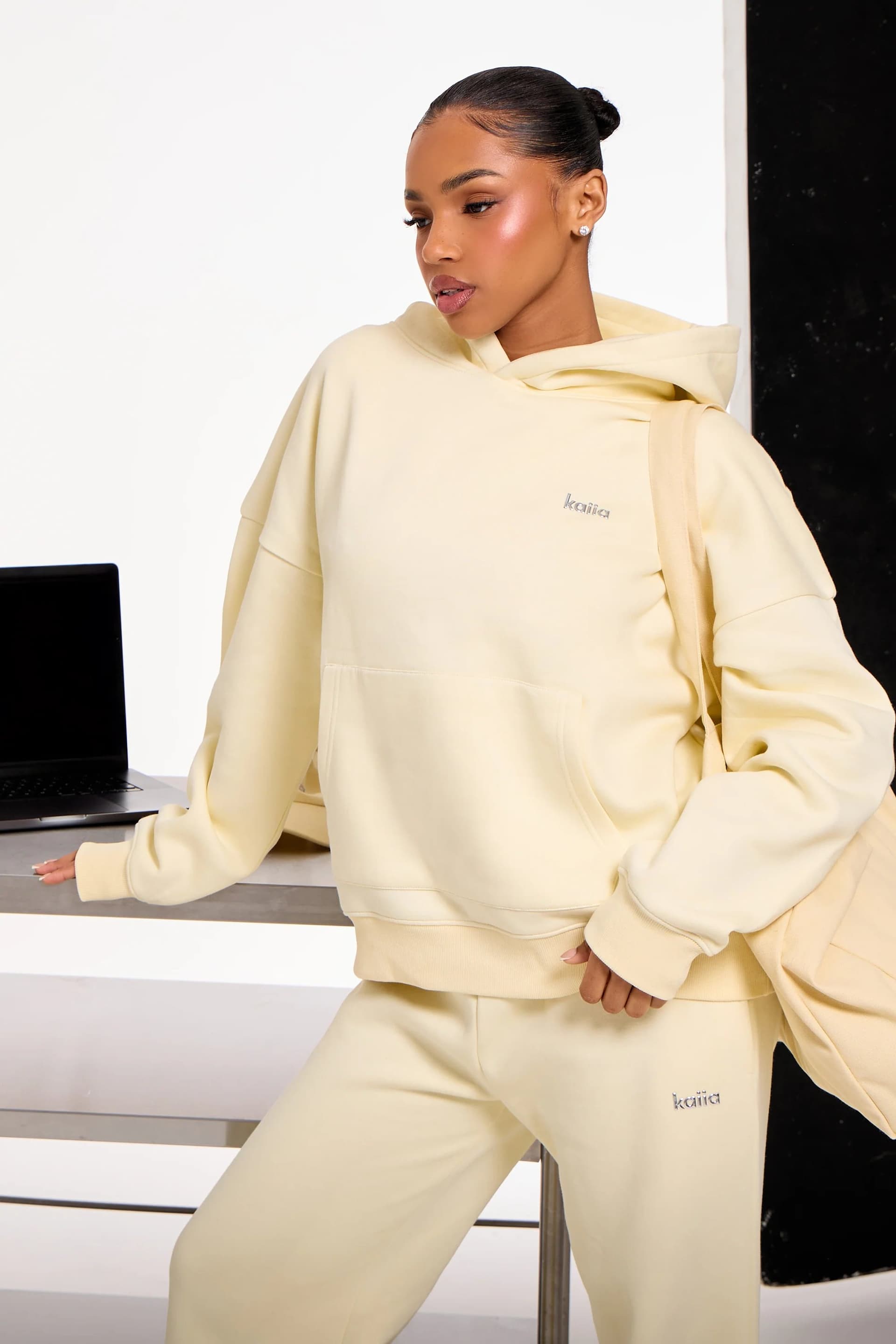 Kaiia Kaiia Chrome Logo Oversized Hoodie in Lemon