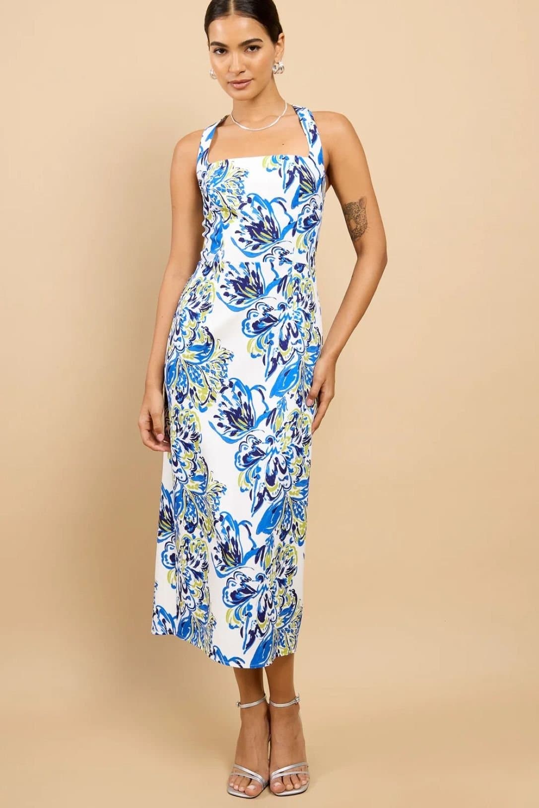 Little Mistress Little Mistress Women's Blue Floral Print Halterneck Midaxi Dress