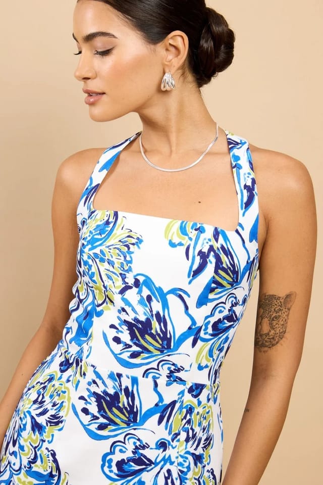 Little Mistress Little Mistress Women's Blue Floral Print Halterneck Midaxi Dress - 3