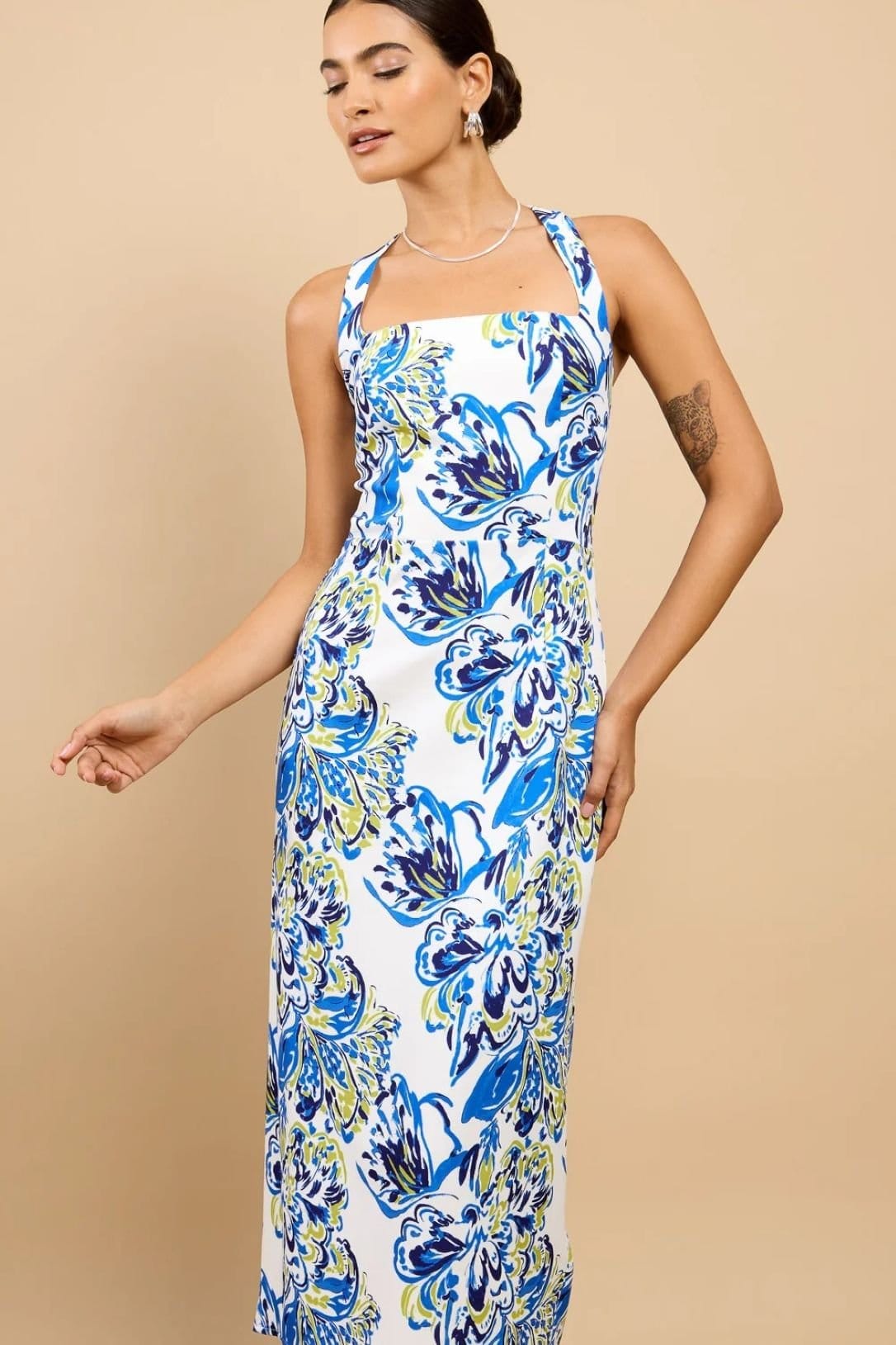 Little Mistress Little Mistress Women's Blue Floral Print Halterneck Midaxi Dress - 4