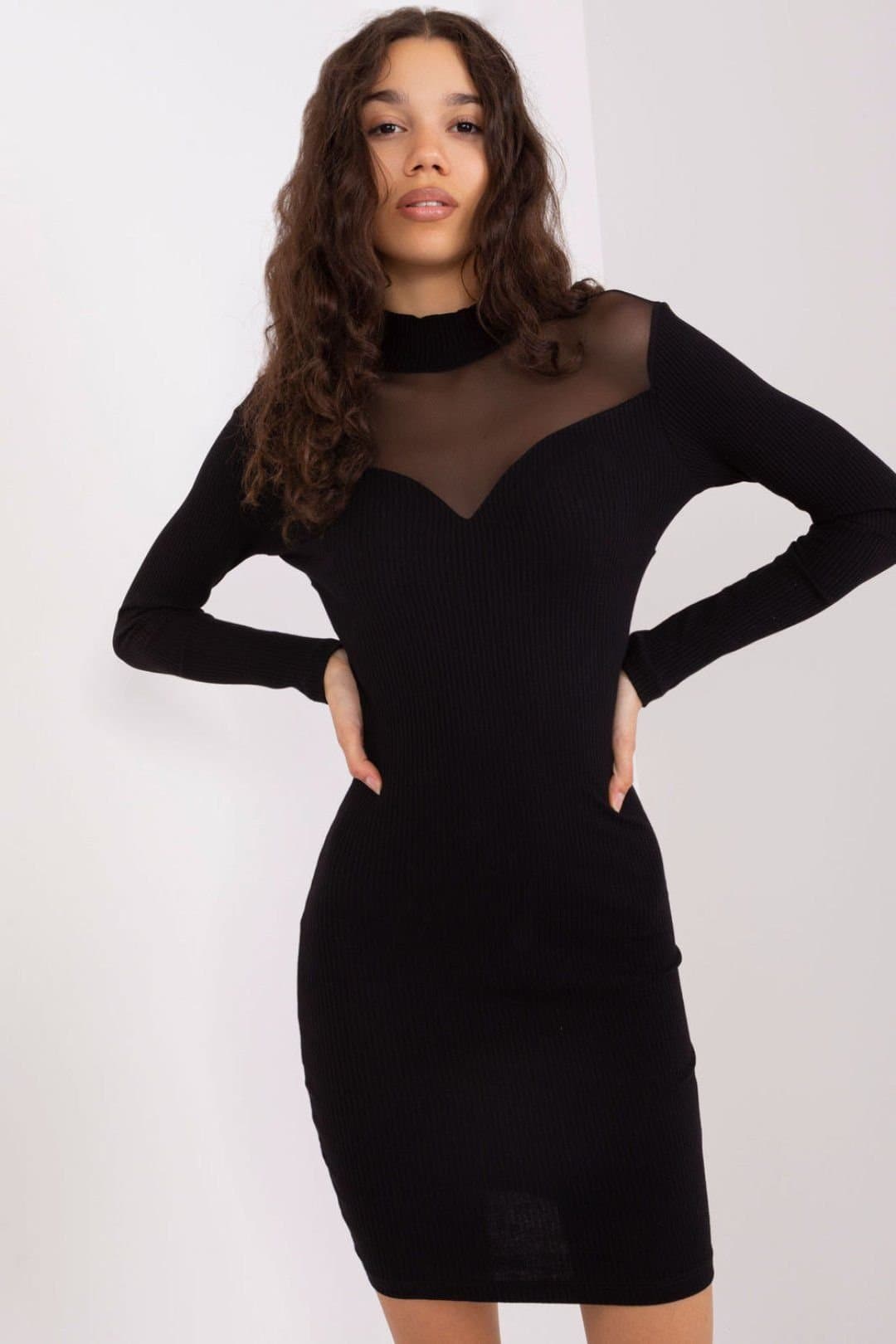 Love Lace Love Lace Women's Cotton Long Sleeve Pencil Dress with Sheer Back in Black