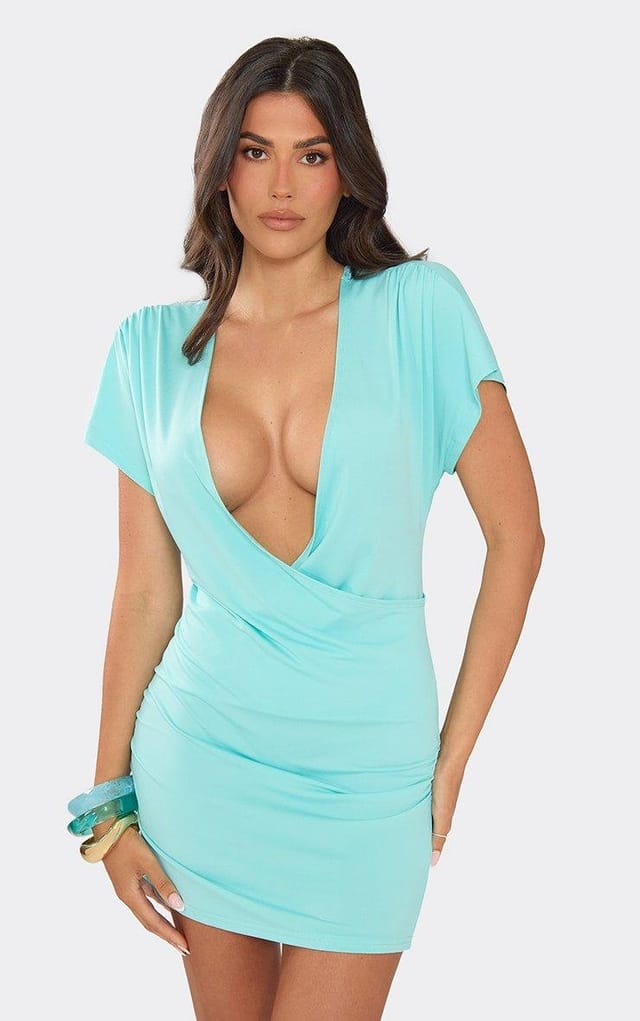 EGO Short Sleeve Plunge Cross Front Mini Dress In Aqua, Women's Size UK L - 2