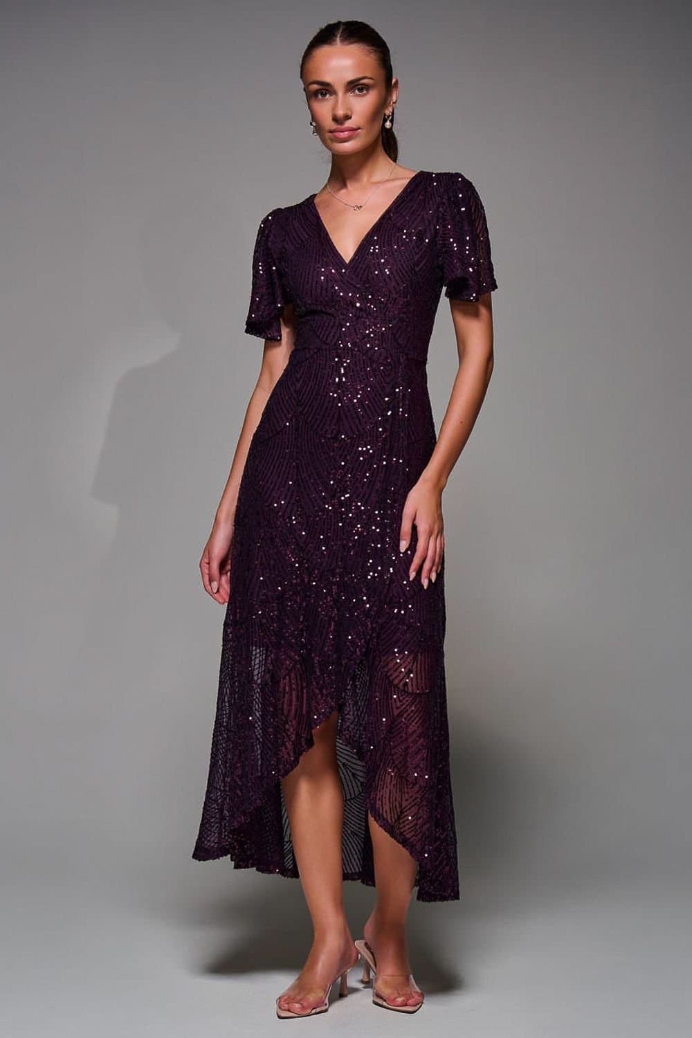 Jolie Moi Jolie Moi Women's Sequin Angel Sleeve Ruffle Hem Maxi Dress in Burgundy