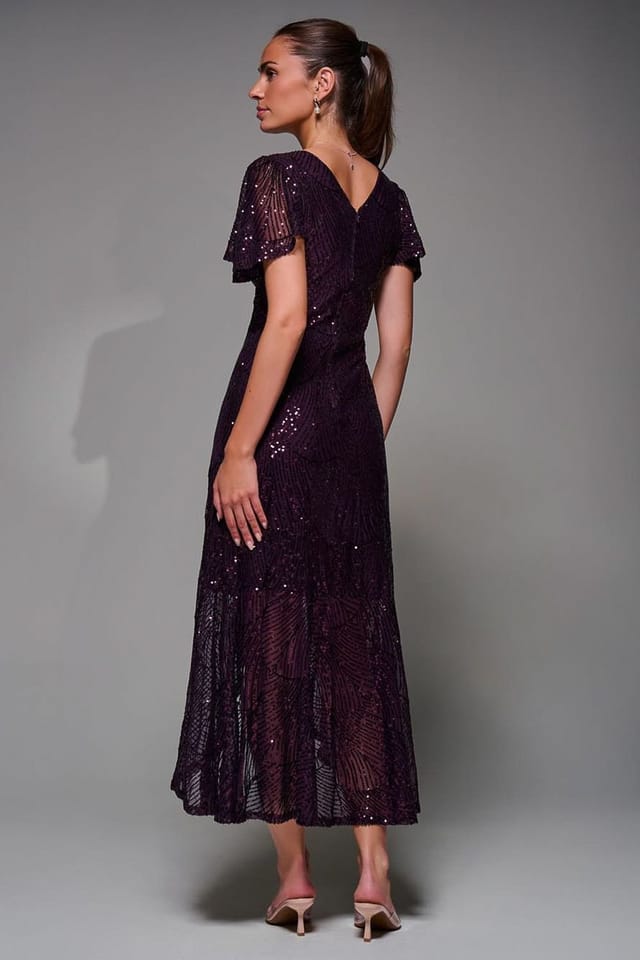 Jolie Moi Jolie Moi Women's Sequin Angel Sleeve Ruffle Hem Maxi Dress in Burgundy - 2