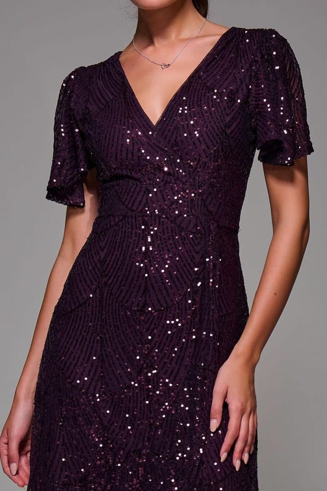 Jolie Moi Jolie Moi Women's Sequin Angel Sleeve Ruffle Hem Maxi Dress in Burgundy - 3