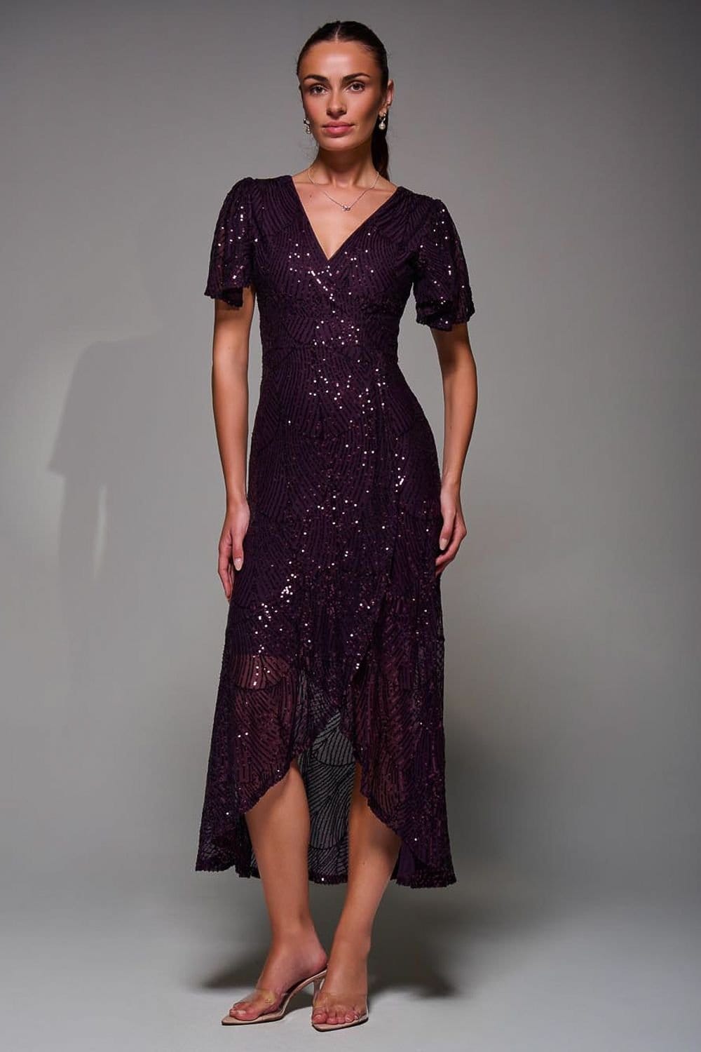 Jolie Moi Jolie Moi Women's Sequin Angel Sleeve Ruffle Hem Maxi Dress in Burgundy - 4